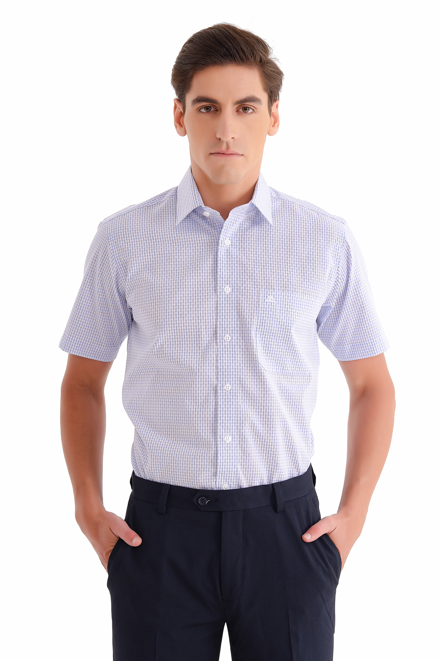 Sơ mi nam ngắn tay Classic fit caro xanh nhạt - HẾT HÀNG