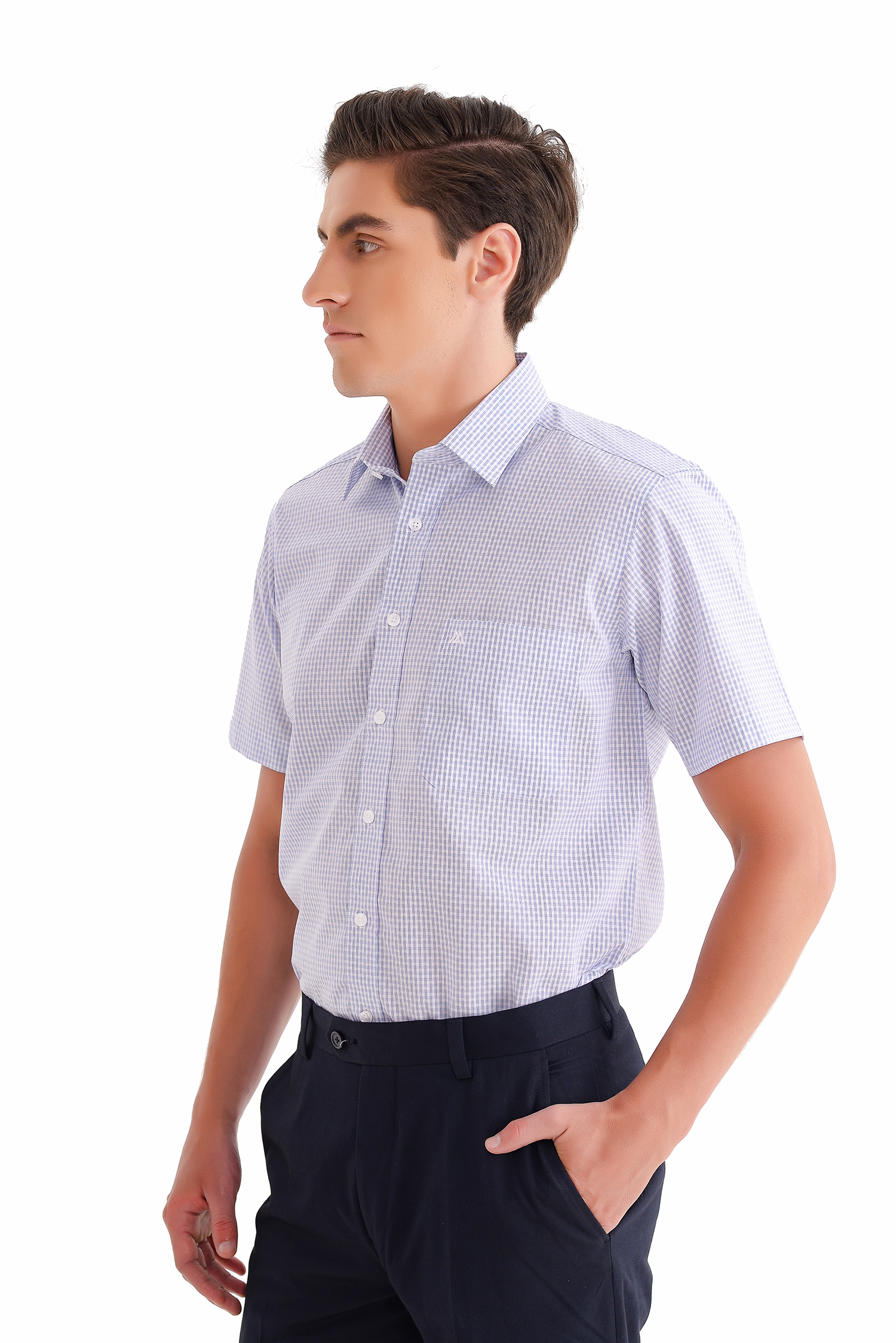 Sơ mi nam ngắn tay Classic fit caro xanh nhạt - HẾT HÀNG