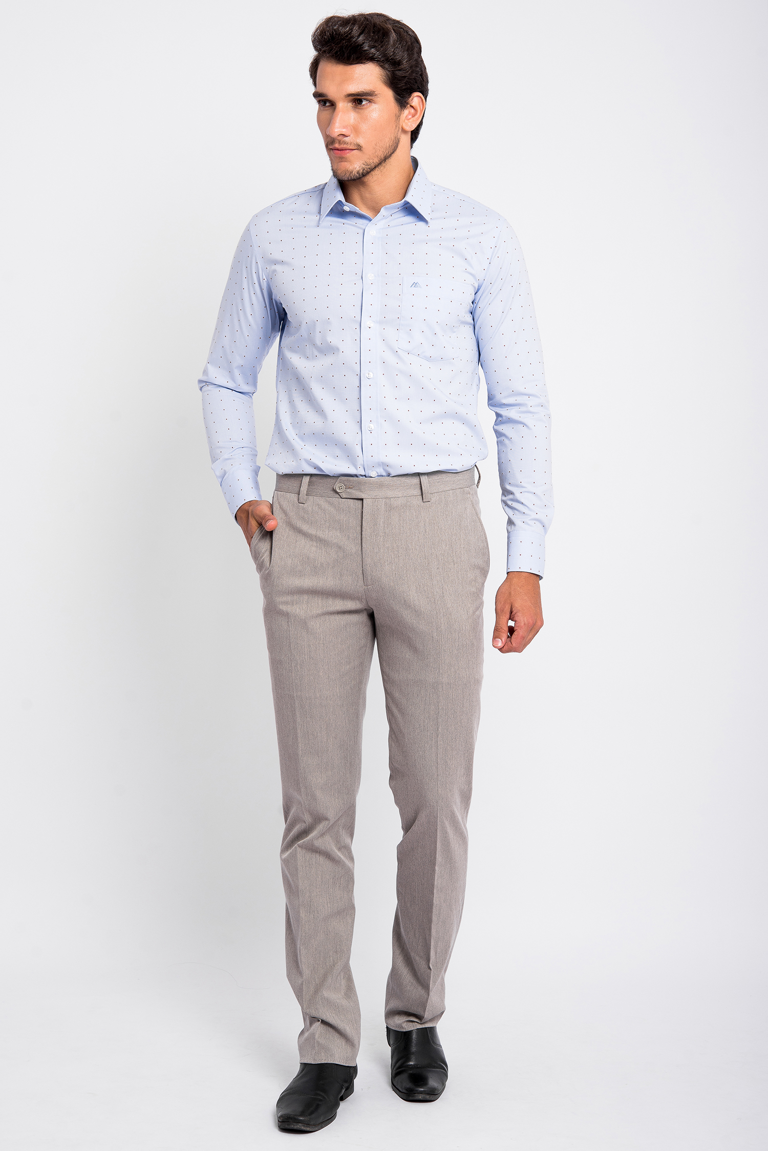 Sơ Mi Xanh Nhạt Chấm Bi Đỏ Slim Fit Dài Tay - HẾT HÀNG