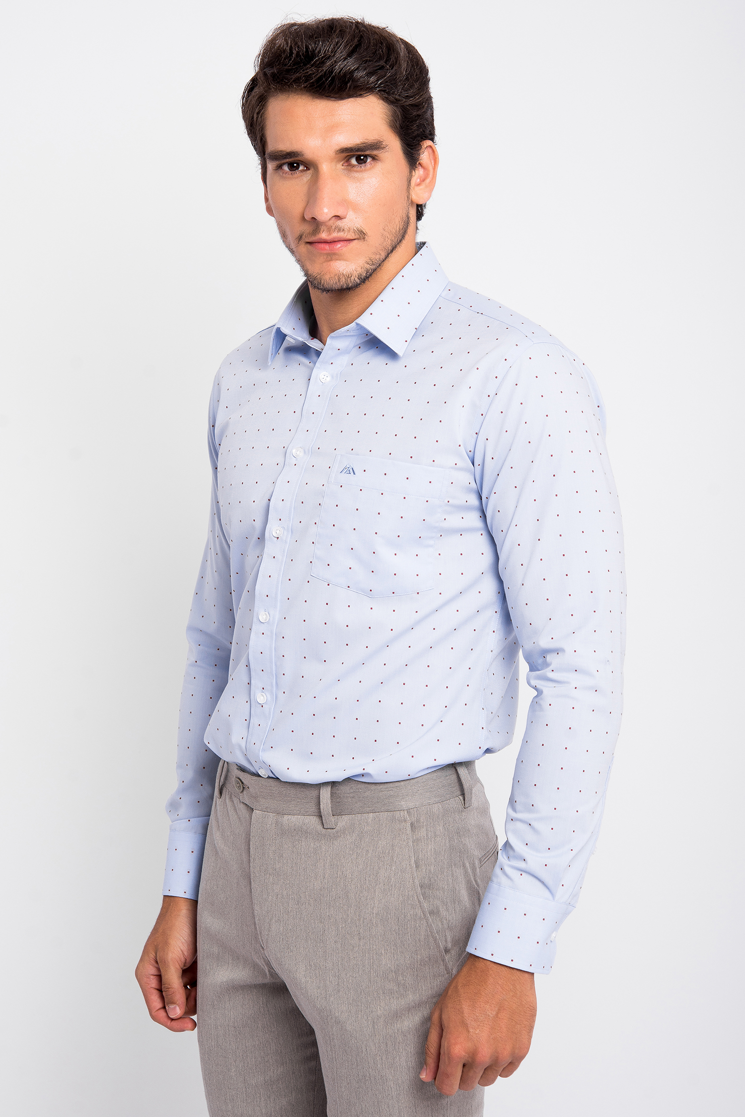 Sơ Mi Xanh Nhạt Chấm Bi Đỏ Slim Fit Dài Tay - HẾT HÀNG