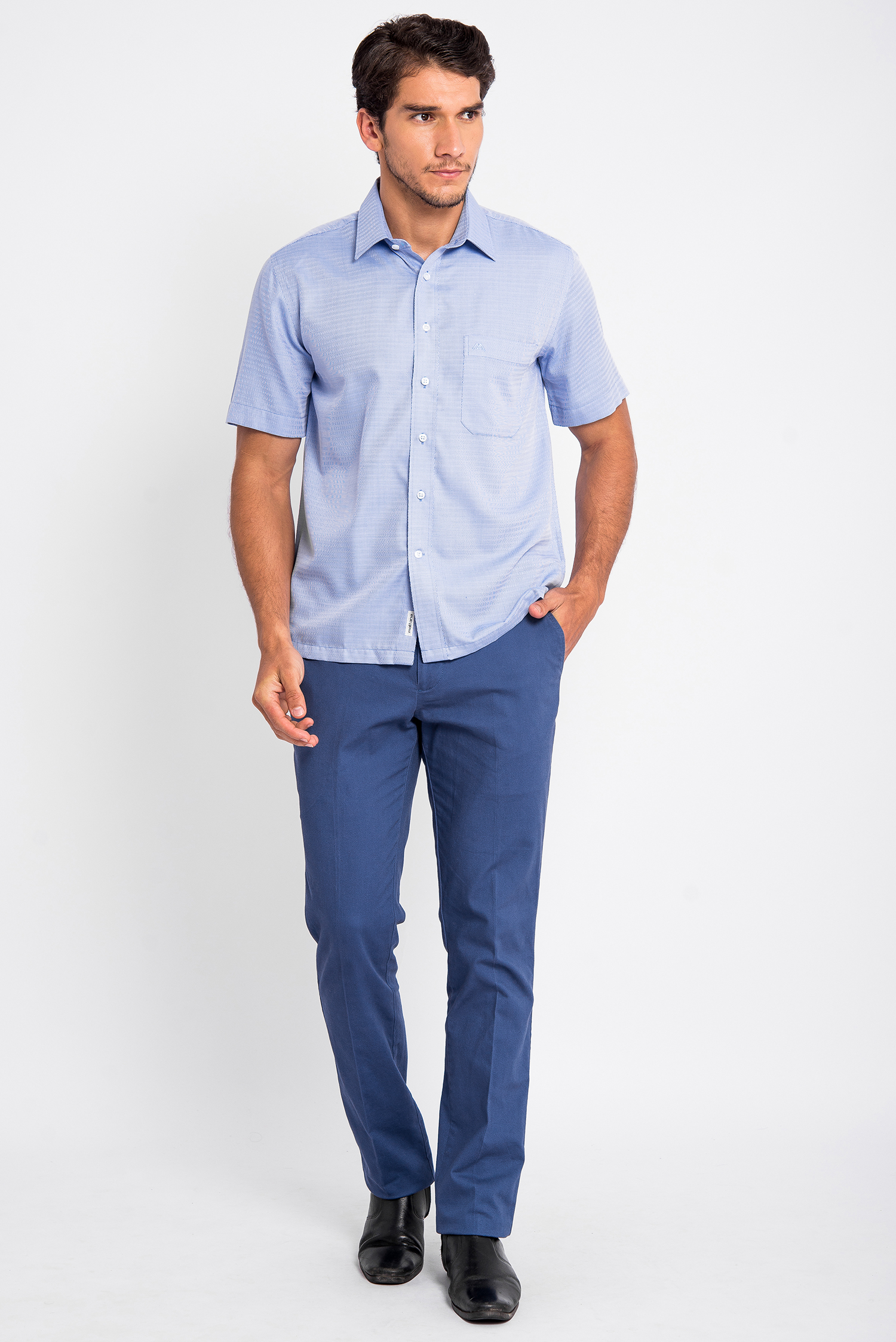 Sơ Mi Xanh Vân Casual Vạt Ngang Ngắn Tay - HẾT HÀNG