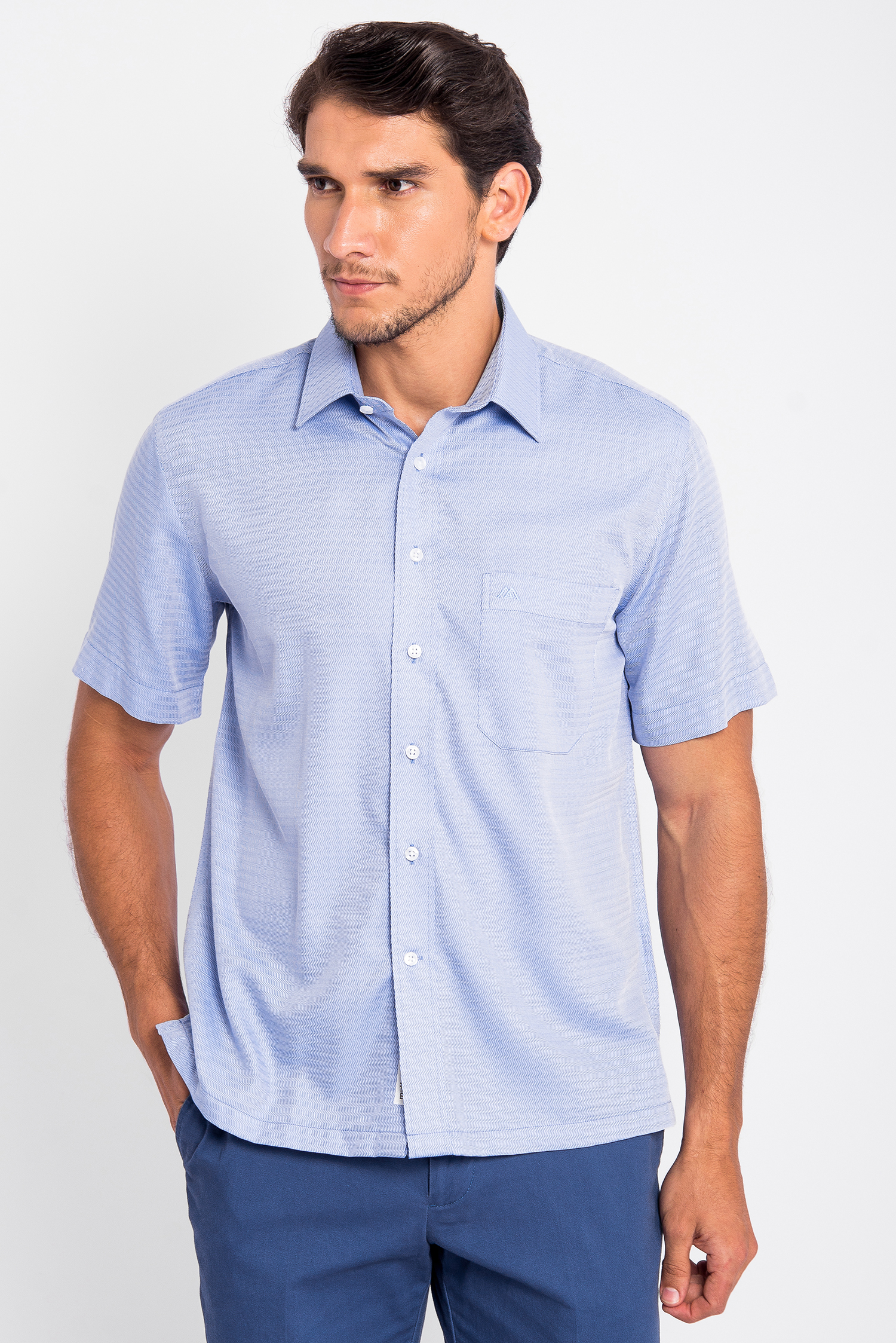 Sơ Mi Xanh Vân Casual Vạt Ngang Ngắn Tay - HẾT HÀNG