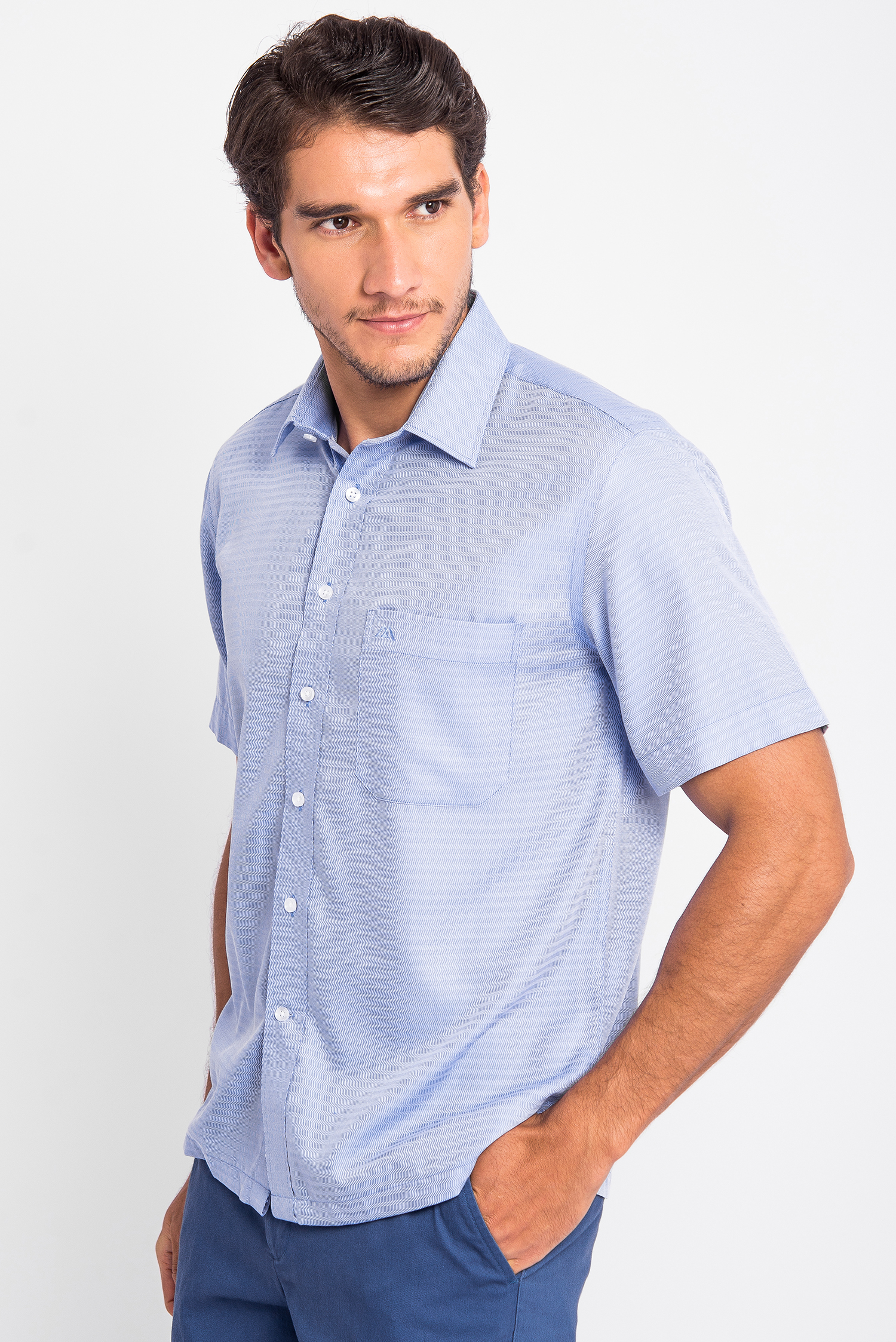 Sơ Mi Xanh Vân Casual Vạt Ngang Ngắn Tay - HẾT HÀNG