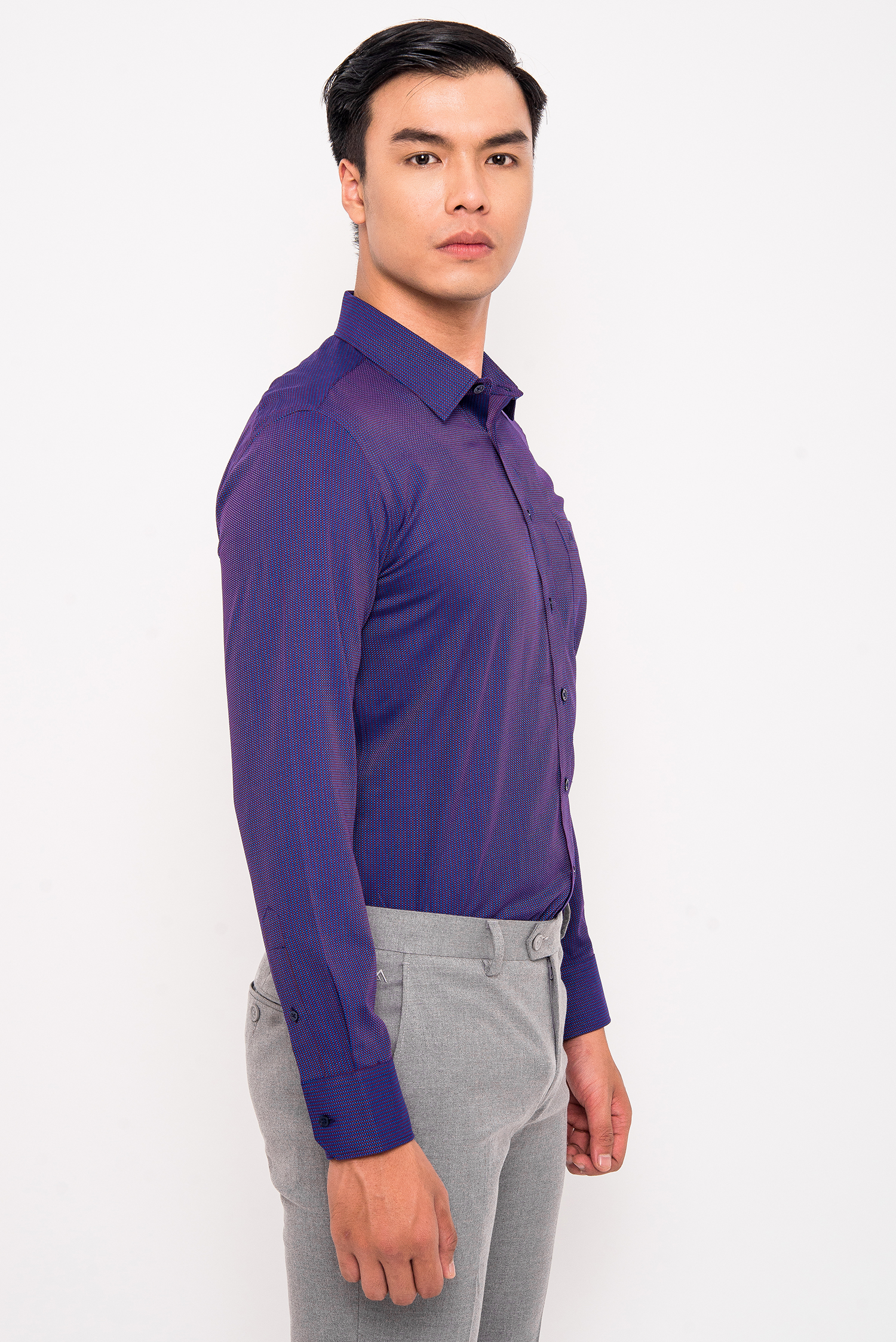 Sơ Mi Tím Họa Tiết Chấm Bi SLim Fit Dài Tay - HẾT HÀNG