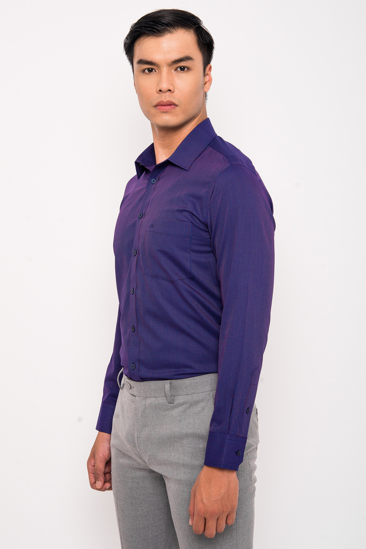 Sơ Mi Tím Họa Tiết Chấm Bi SLim Fit Dài Tay - HẾT HÀNG