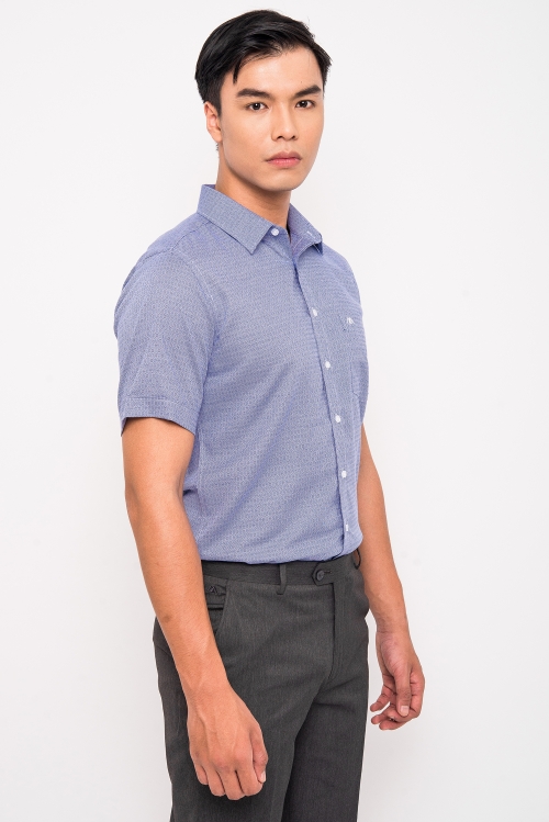 Sơ Mi Xanh Đậm Hoa Văn SlimFit Ngắn Tay - HẾT HÀNG