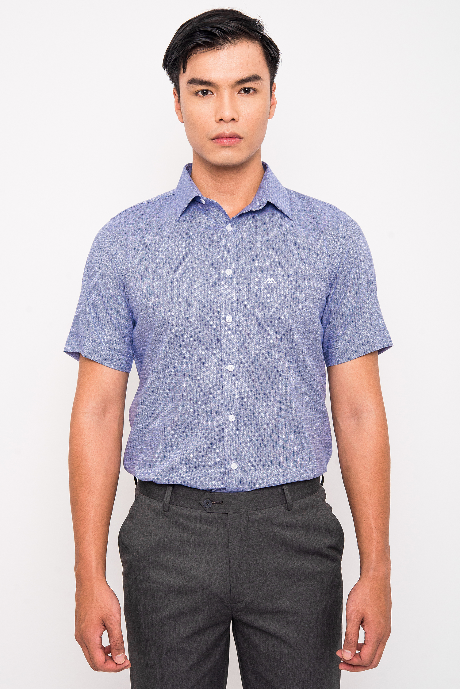 Sơ Mi Xanh Đậm Hoa Văn SlimFit Ngắn Tay - HẾT HÀNG