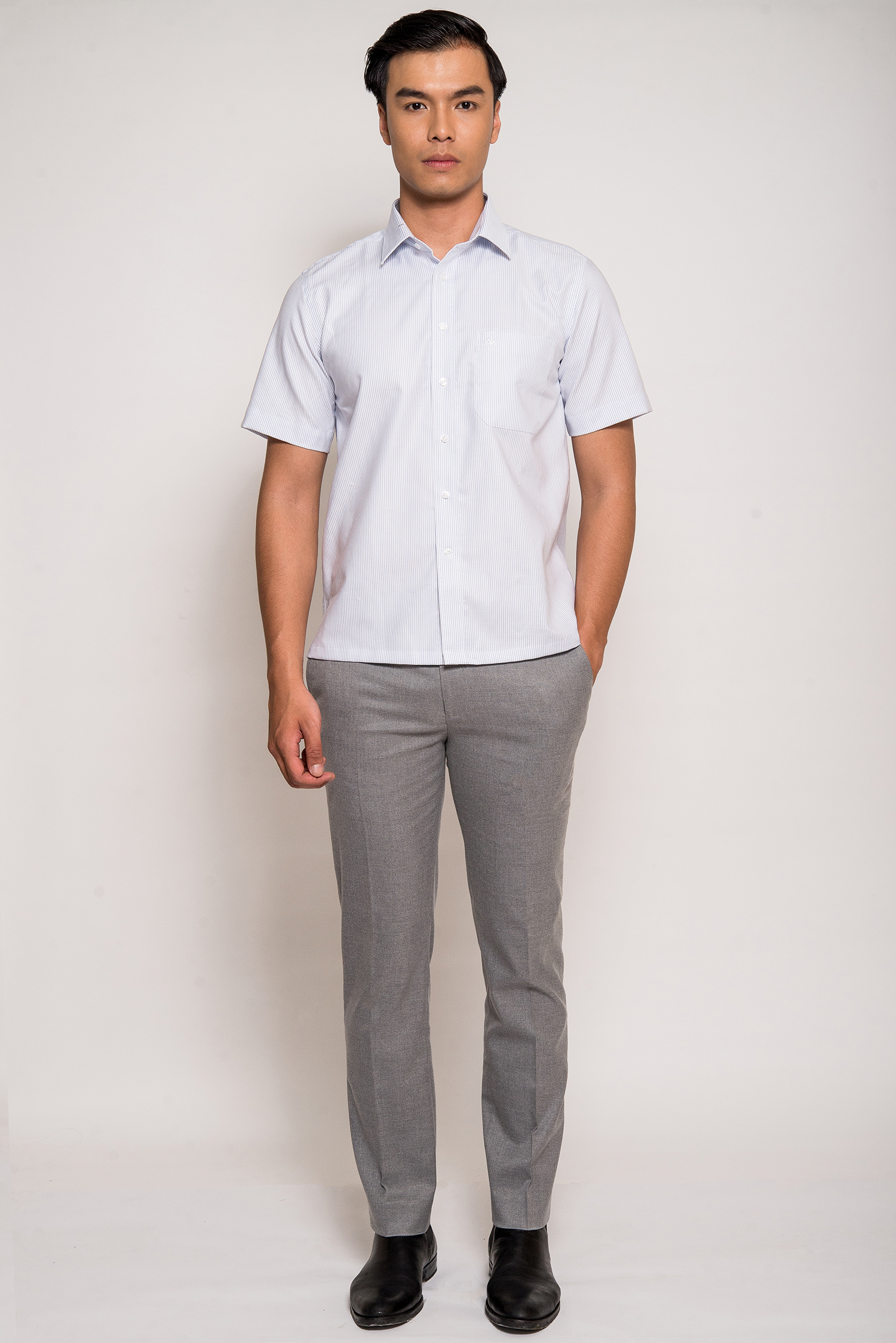 Sơ Mi Trắng Sọc Xanh Dọc Mịn Casual Vạt Ngang - HẾT HÀNG