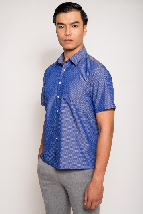 Sơ Mi ngắn tay Casual vạt ngang Xanh đậm chấm bi - HẾT HÀNG