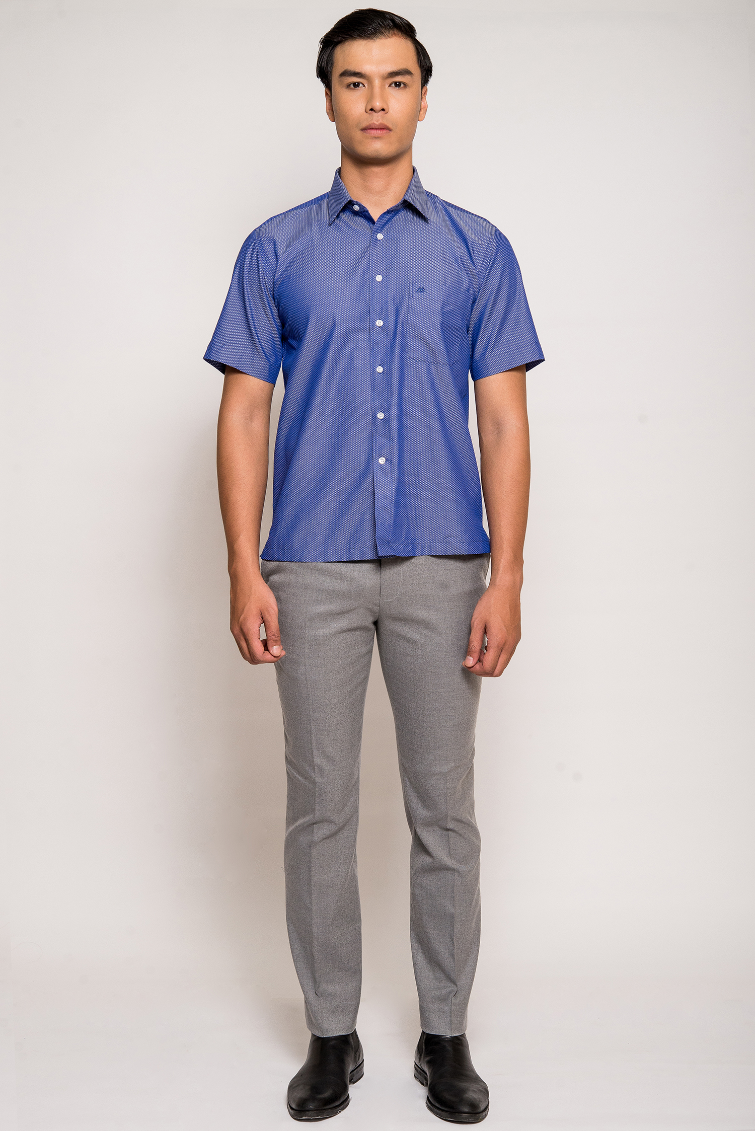 Sơ Mi ngắn tay Casual vạt ngang Xanh đậm chấm bi - HẾT HÀNG