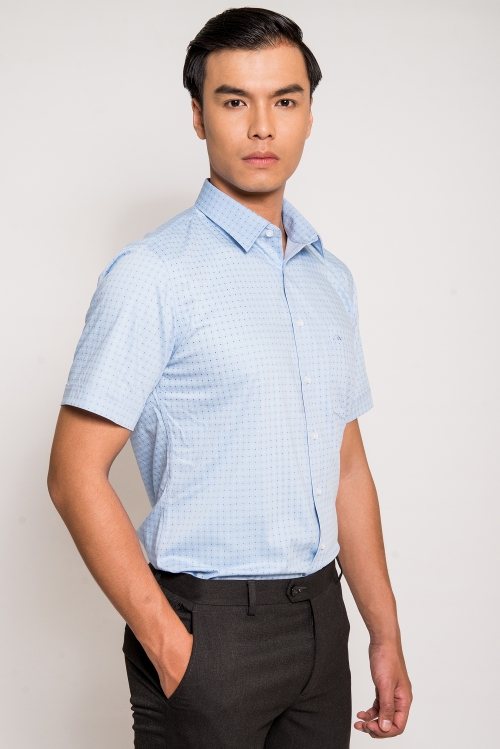 Sơ mi Nam Slimfit Ngắn tay - Xanh nhạt chấm bi - HẾT HÀNG