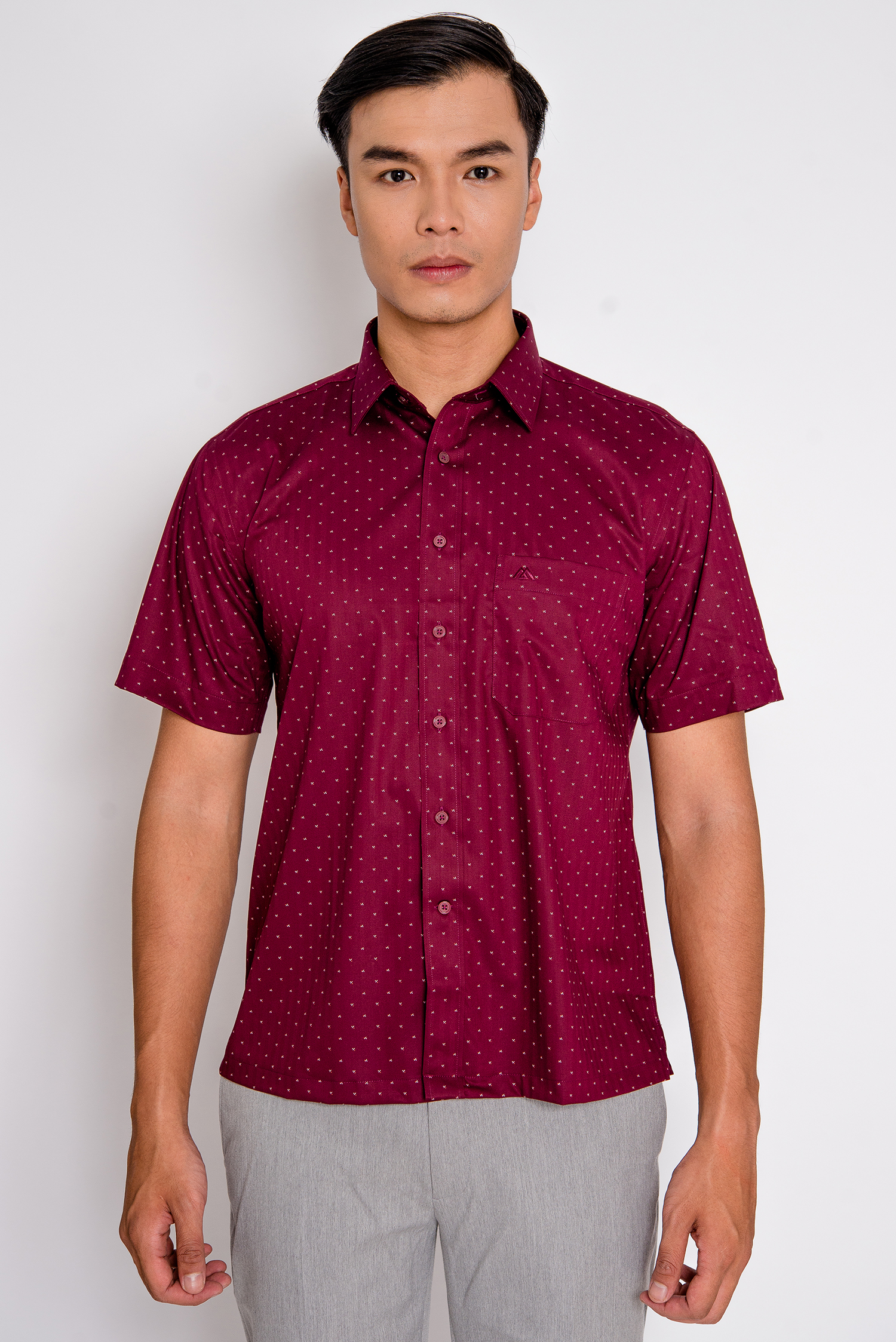 Sơ Mi Đỏ Đô Chấm Bi Họa Tiết Casual Vạt Ngang - HẾT HÀNG
