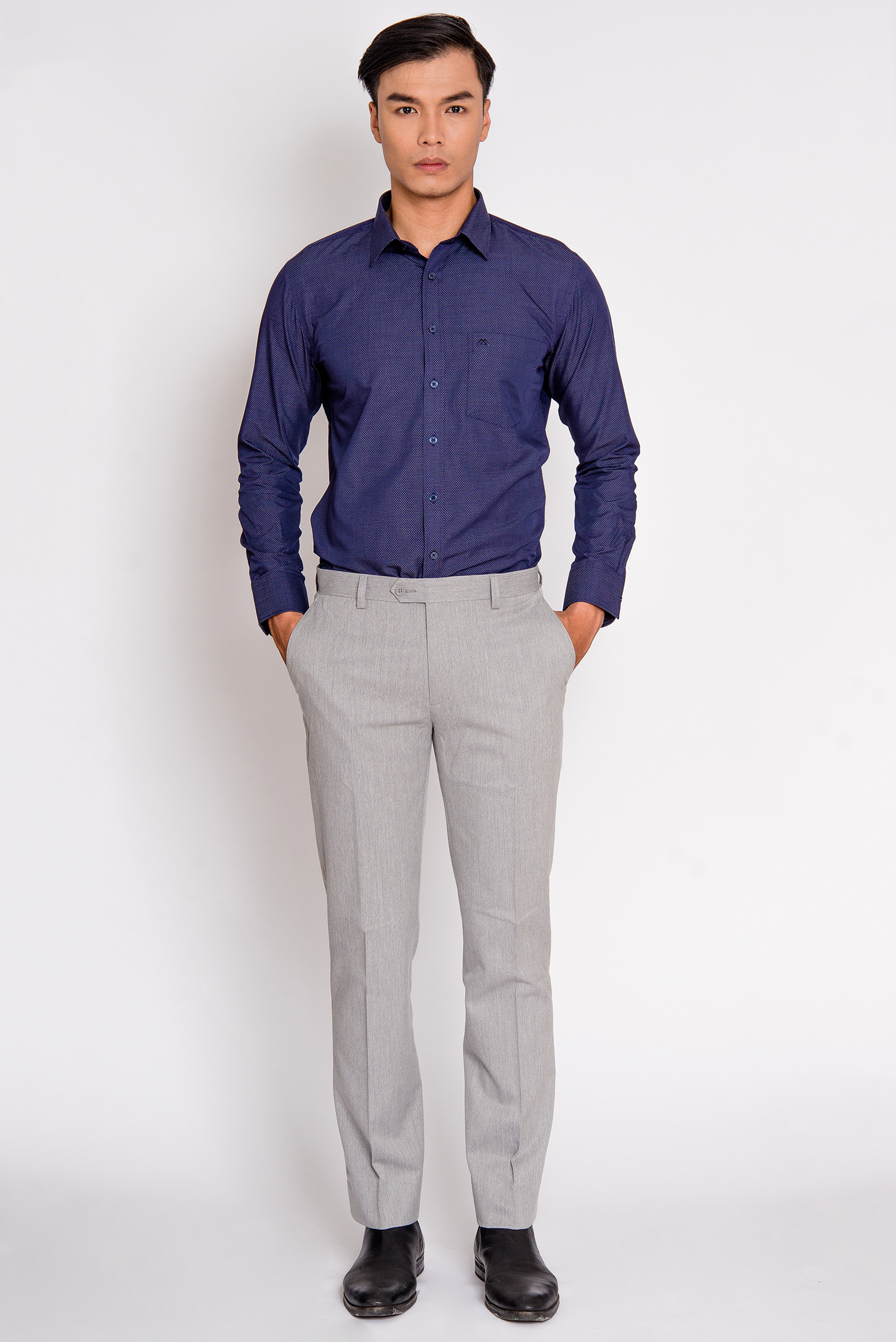Sơ mi nam dài tay slim fit xanh đen chấm bi - HẾT HÀNG