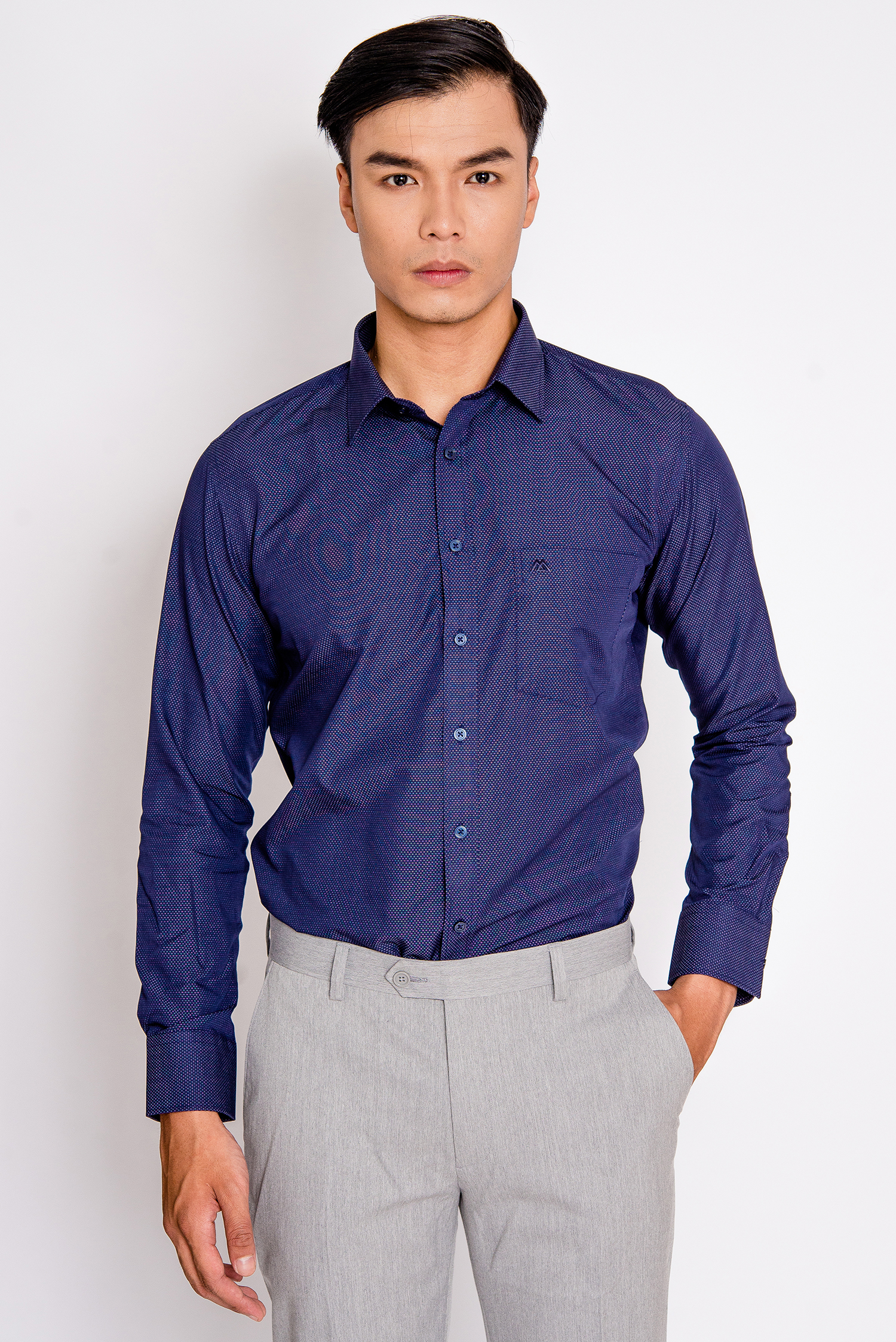 Sơ mi nam dài tay slim fit xanh đen chấm bi - HẾT HÀNG