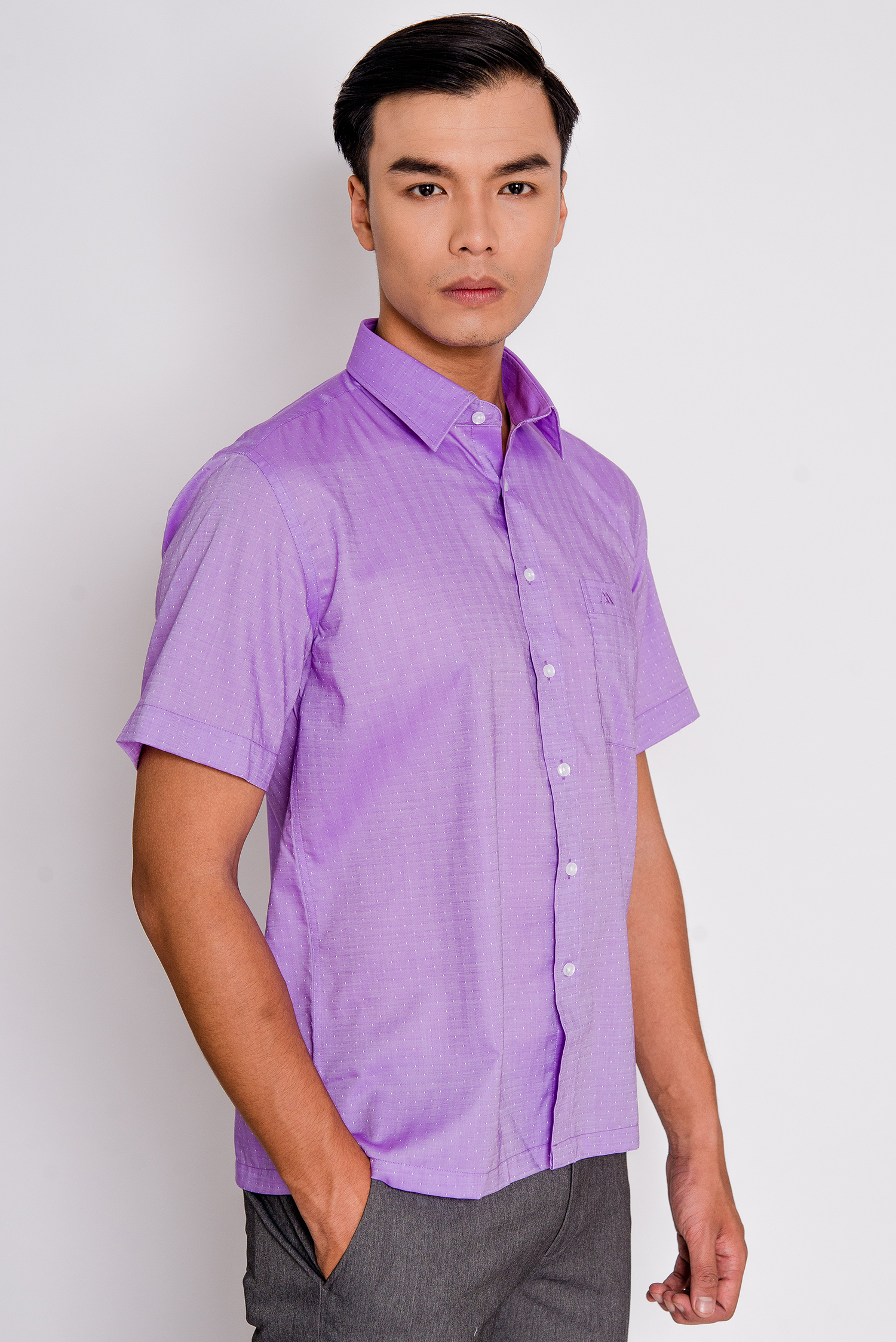 Sơ Mi Tím Nhạt Chấm Bi Nhí Casual Vạt Ngang - HẾT HÀNG