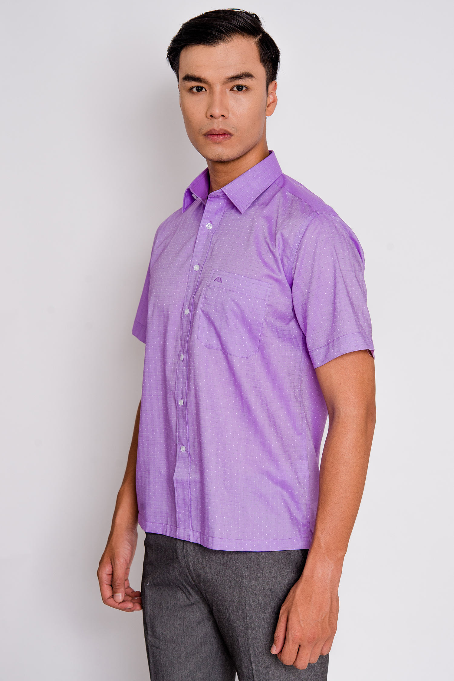Sơ Mi Tím Nhạt Chấm Bi Nhí Casual Vạt Ngang - HẾT HÀNG