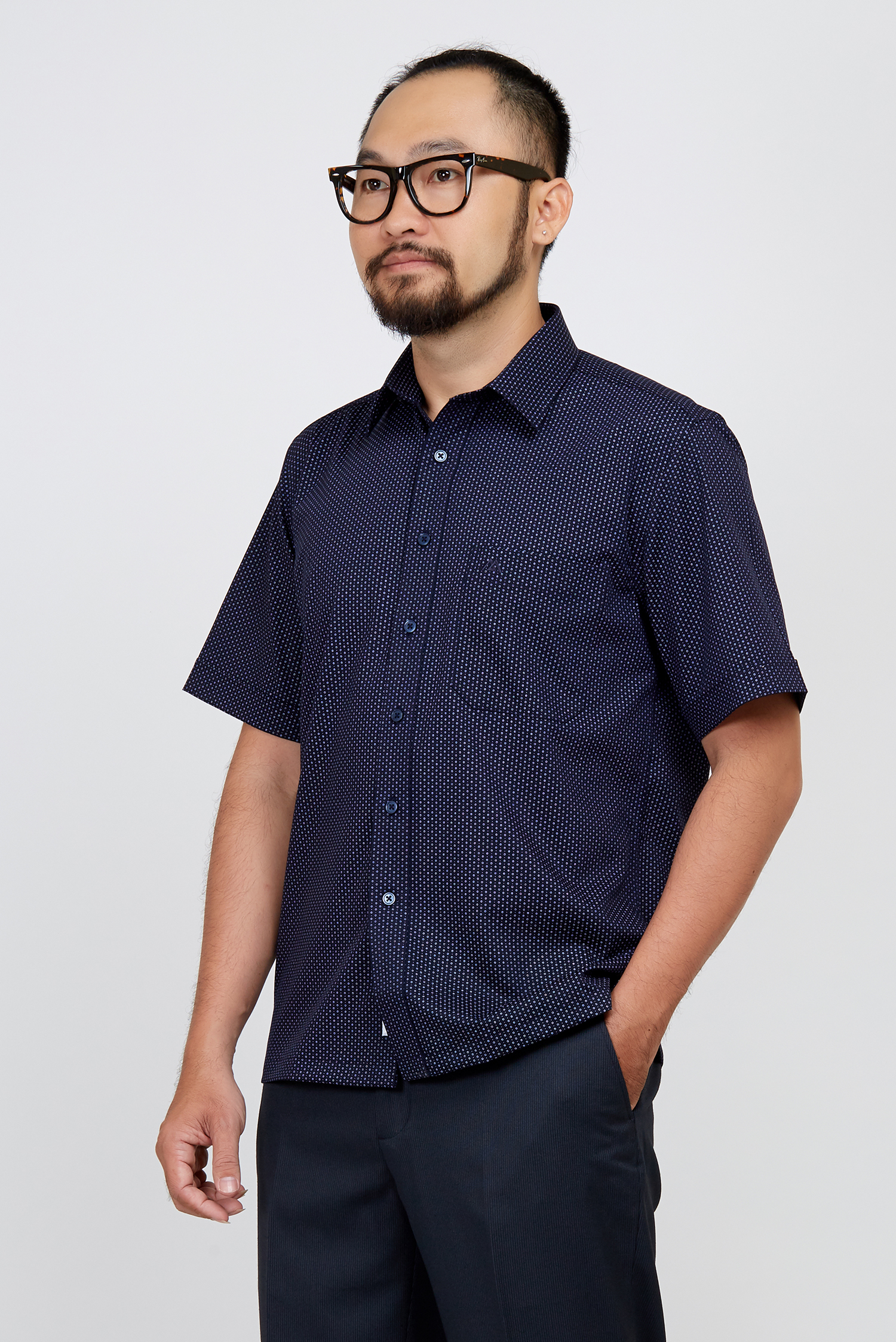 Sơ mi nam Ngắn tay- Casual xanh đen in hoa văn - HẾT HÀNG
