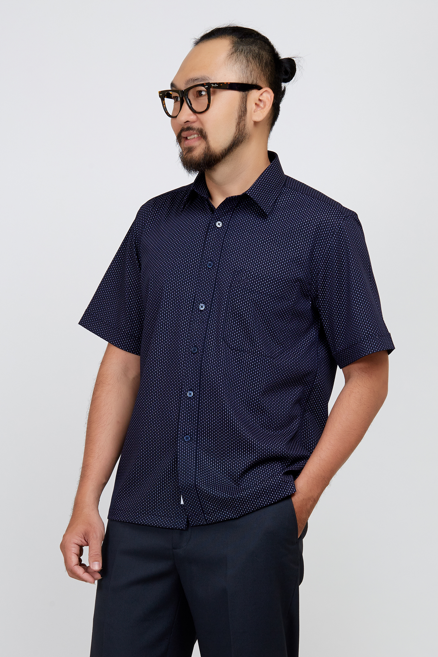 Sơ mi nam Ngắn tay- Casual xanh đen in hoa văn - HẾT HÀNG