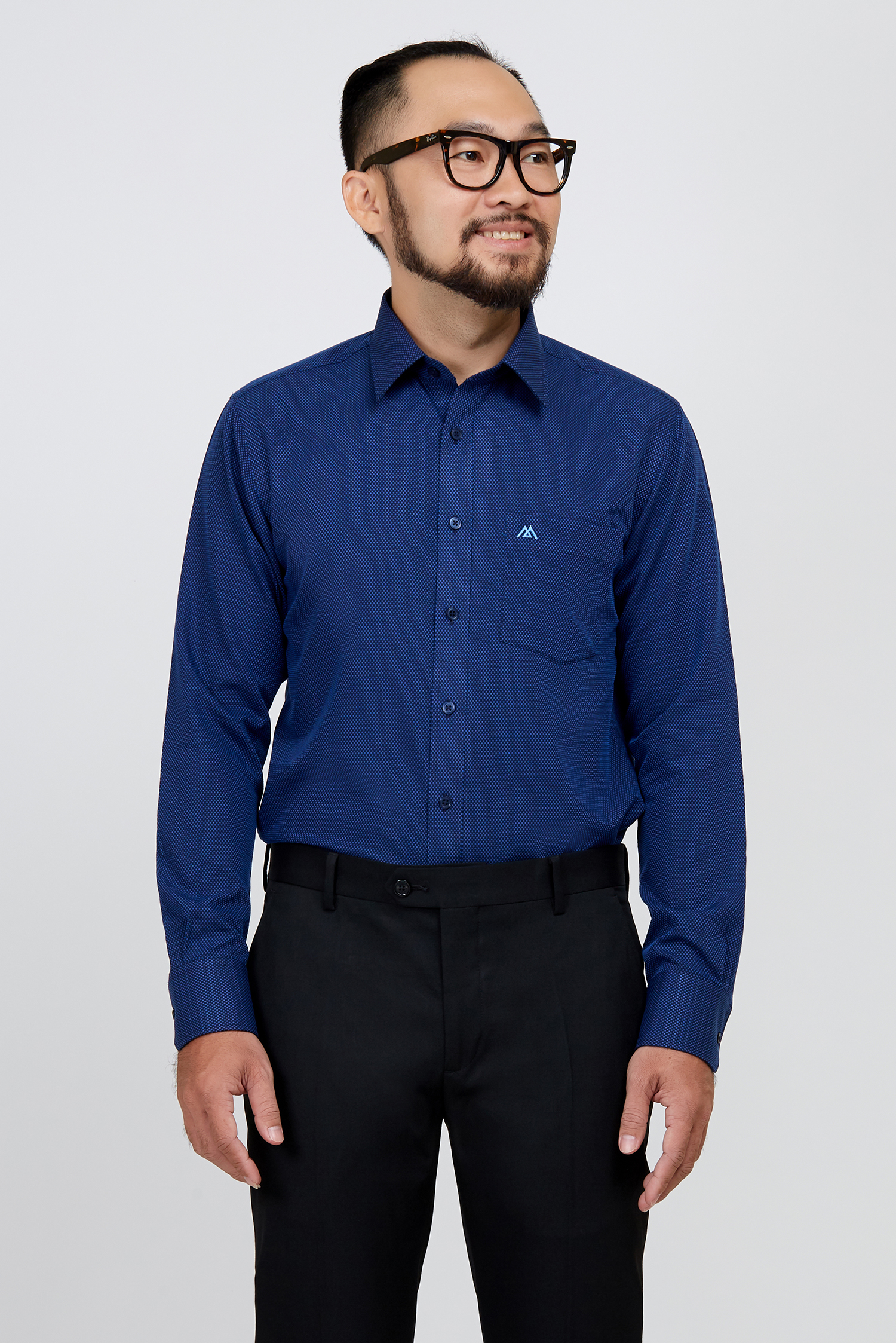 Áo sơ mi nam regular fit dài tay xanh in hoa văn - HẾT HÀNG