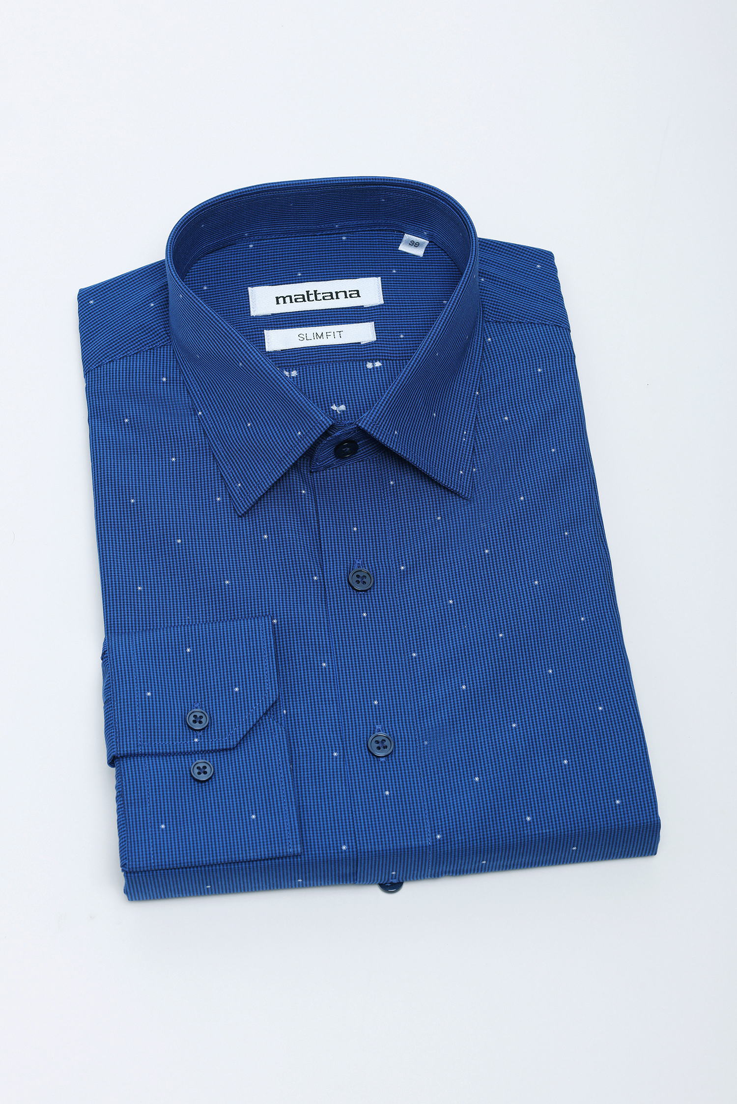 Sơ mi nam DT - Slimfit-không túi xanh họa tiết hoa văn chấm bi trắng - HÊT HÀNG