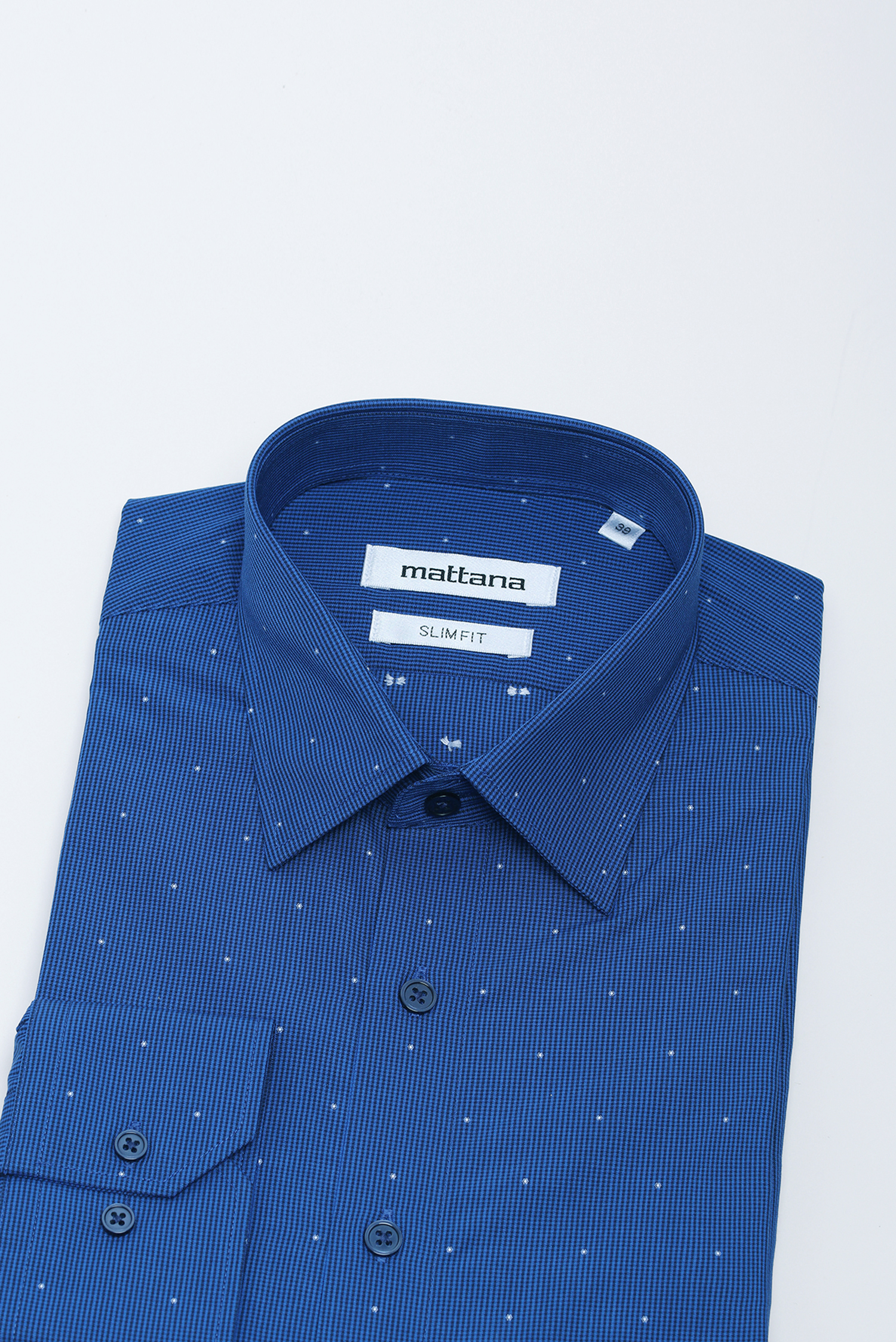 Sơ mi nam DT - Slimfit-không túi xanh họa tiết hoa văn chấm bi trắng - HÊT HÀNG