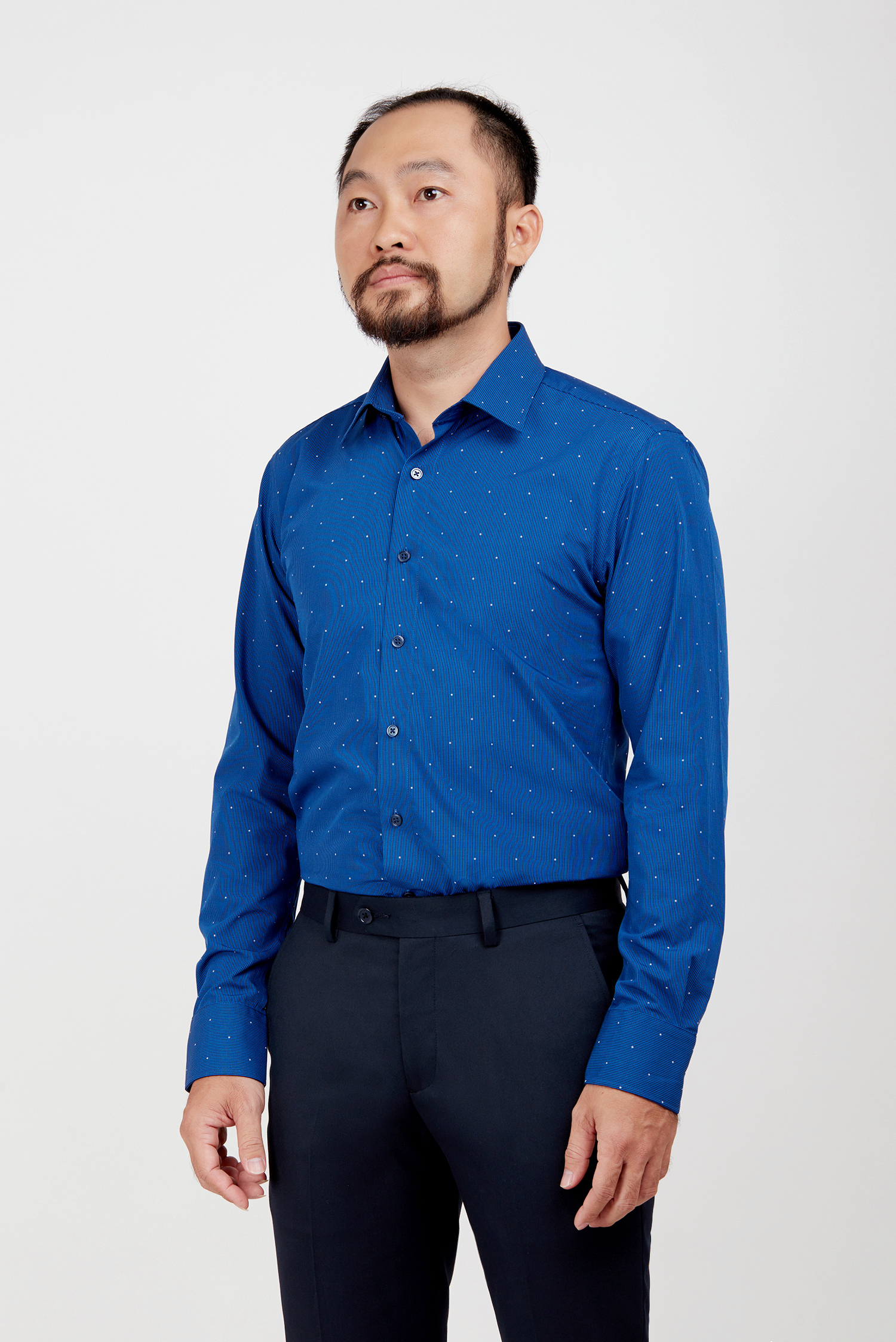 Sơ mi nam DT - Slimfit-không túi xanh họa tiết hoa văn chấm bi trắng - HÊT HÀNG