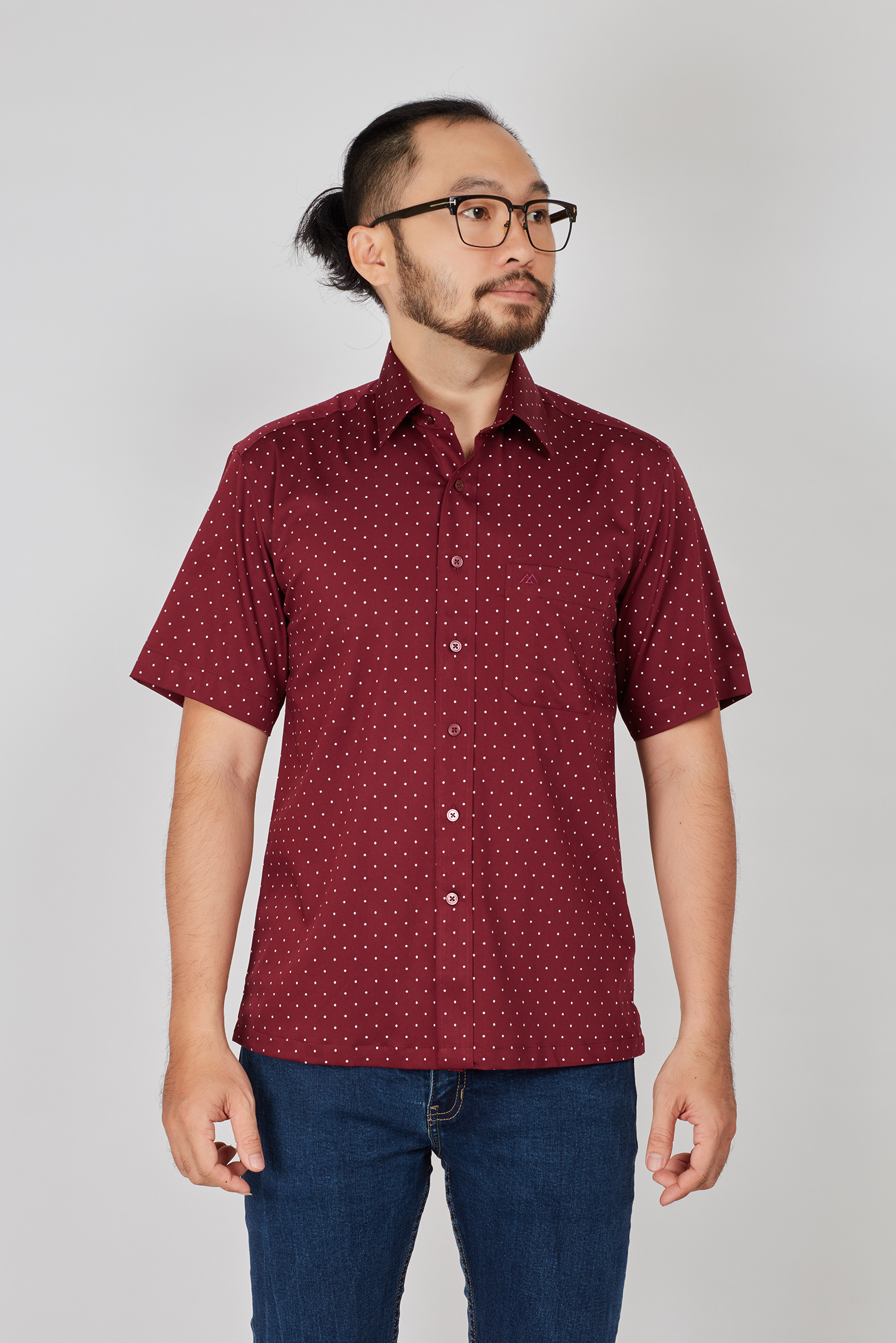 Áo sơ mi nam Casual ngắn tay đỏ hoa văn chấm bi