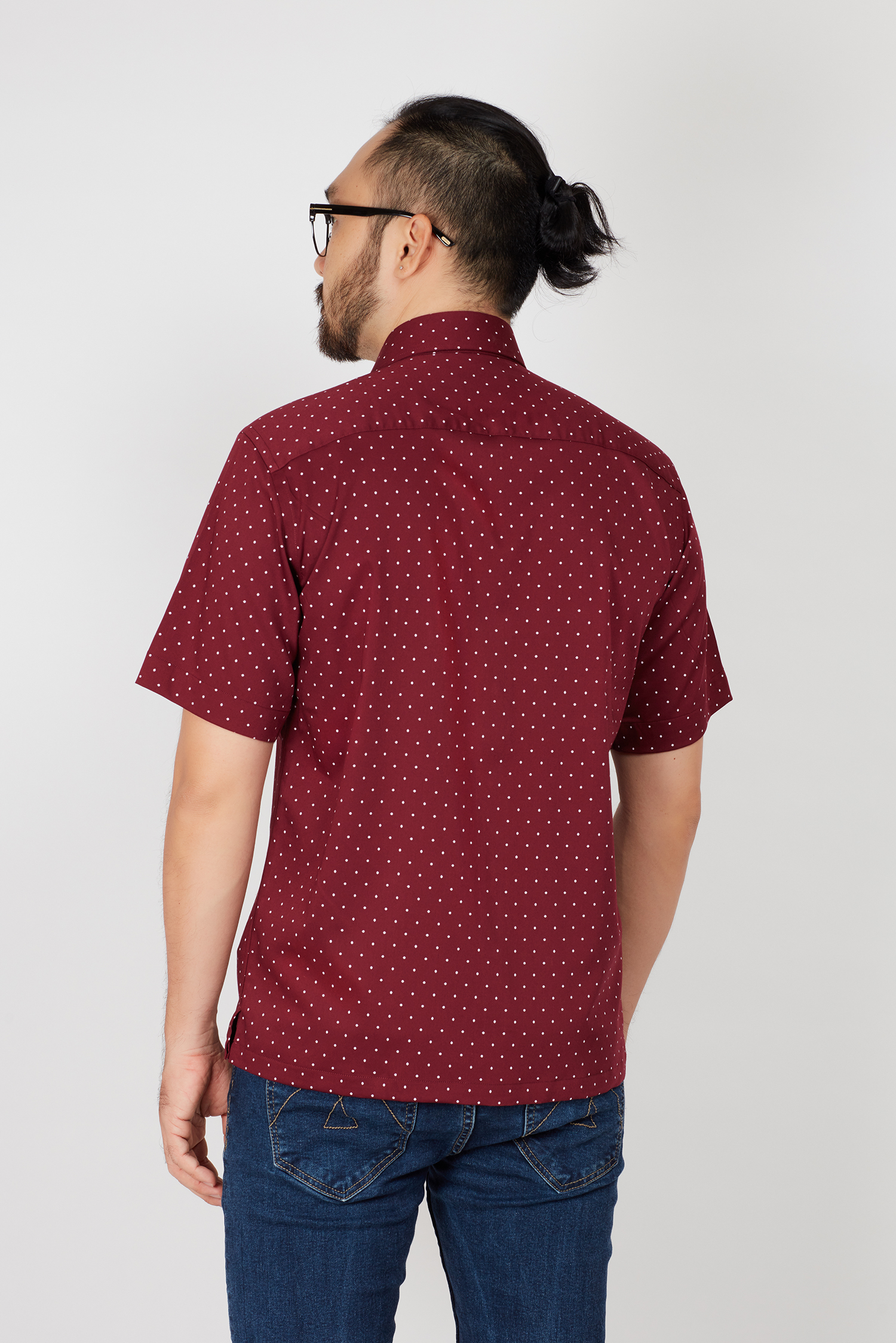 Áo sơ mi nam Casual ngắn tay đỏ hoa văn chấm bi