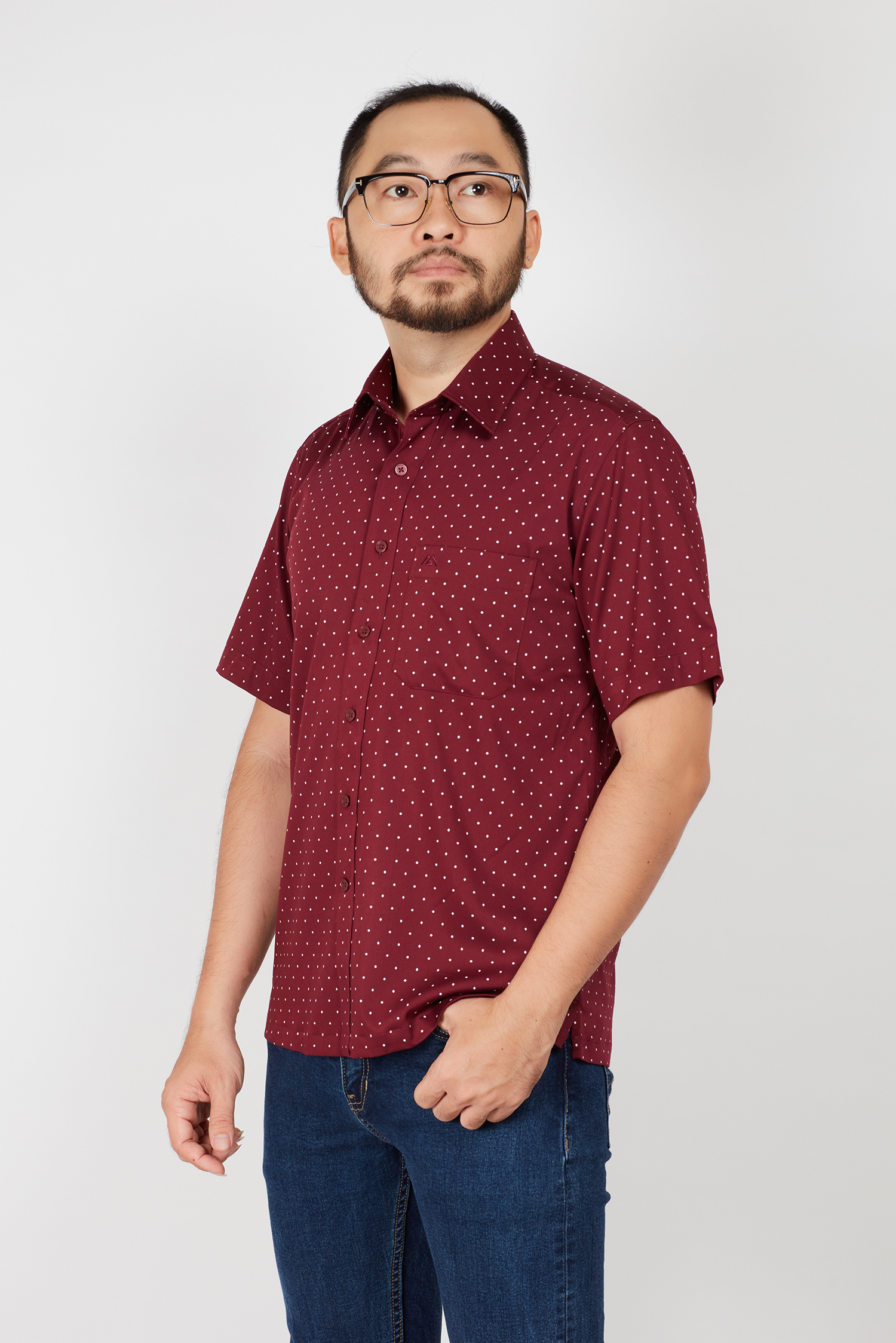 Áo sơ mi nam Casual ngắn tay đỏ hoa văn chấm bi