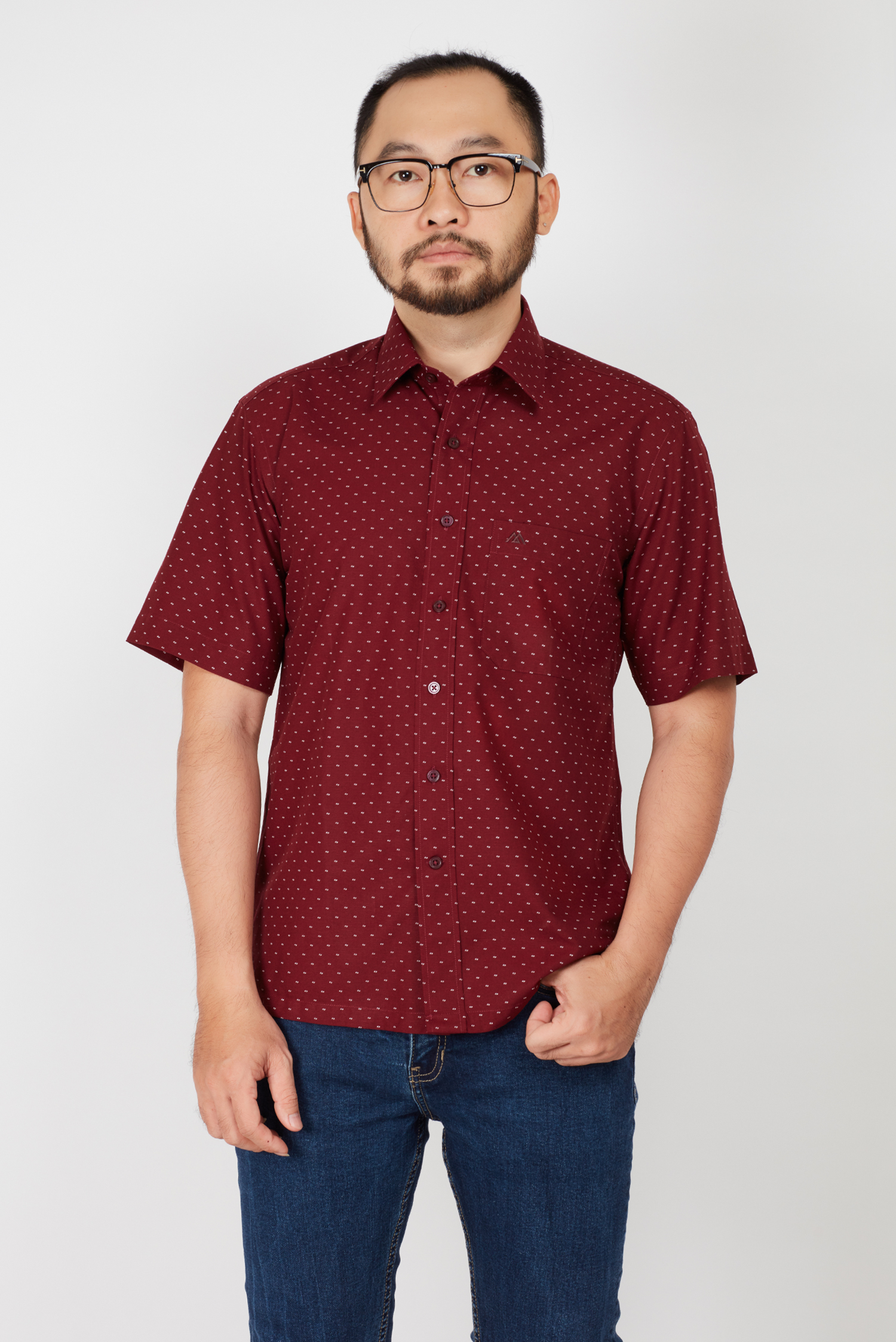 Áo sơ mi nam Casual ngắn tay đỏ hoa văn chấm bi