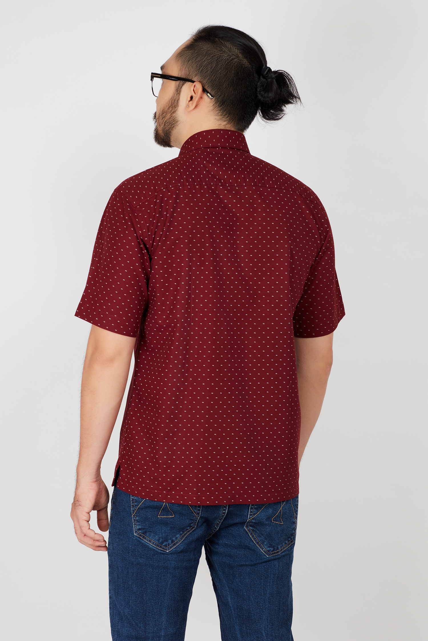 Áo sơ mi nam Casual ngắn tay đỏ hoa văn chấm bi