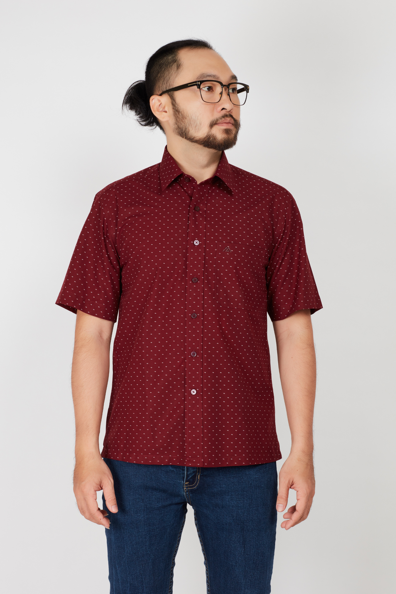 Áo sơ mi nam Casual ngắn tay đỏ hoa văn chấm bi