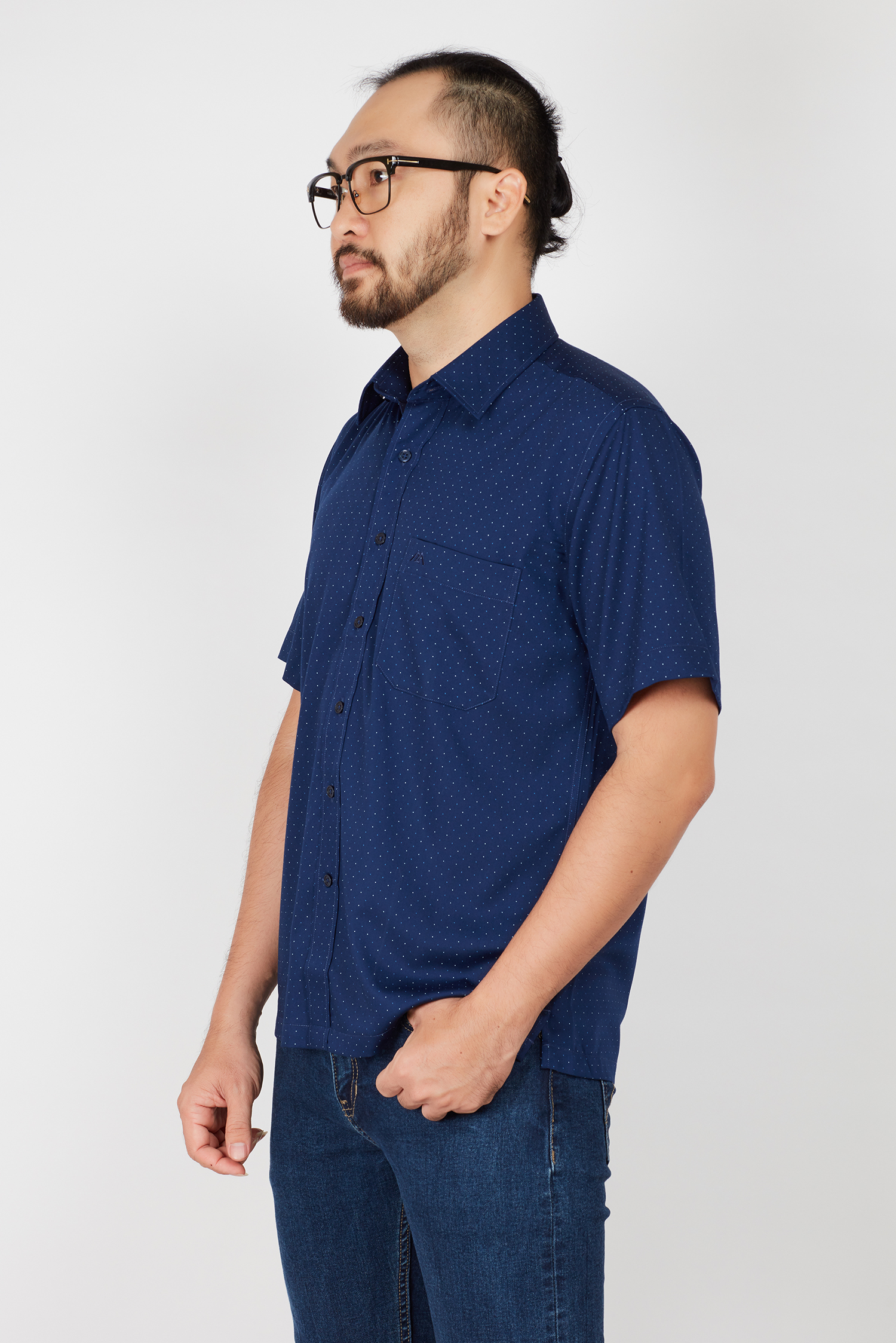 Áo sơ mi nam Casual ngắn tay xanh hoa văn chấm bi - HẾT HÀNG