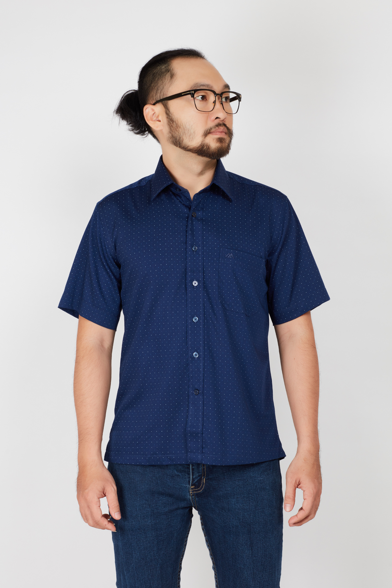 Áo sơ mi nam Casual ngắn tay xanh hoa văn chấm bi - HẾT HÀNG