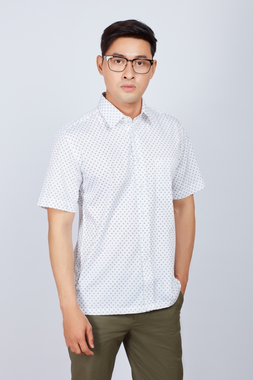 Áo sơ mi nam Casual ngắn tay trắng hoa văn - HẾT HÀNG