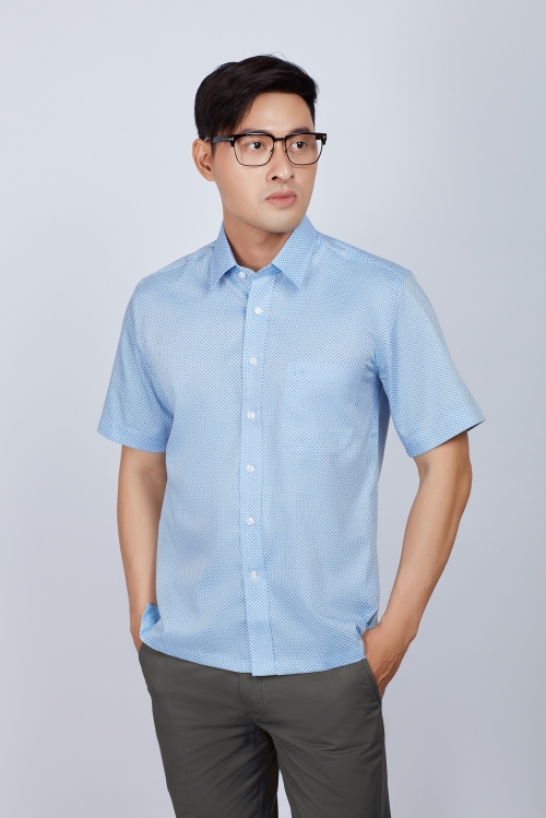 Áo sơ mi nam Casual ngắn tay xanh hoa văn - HẾT HÀNG