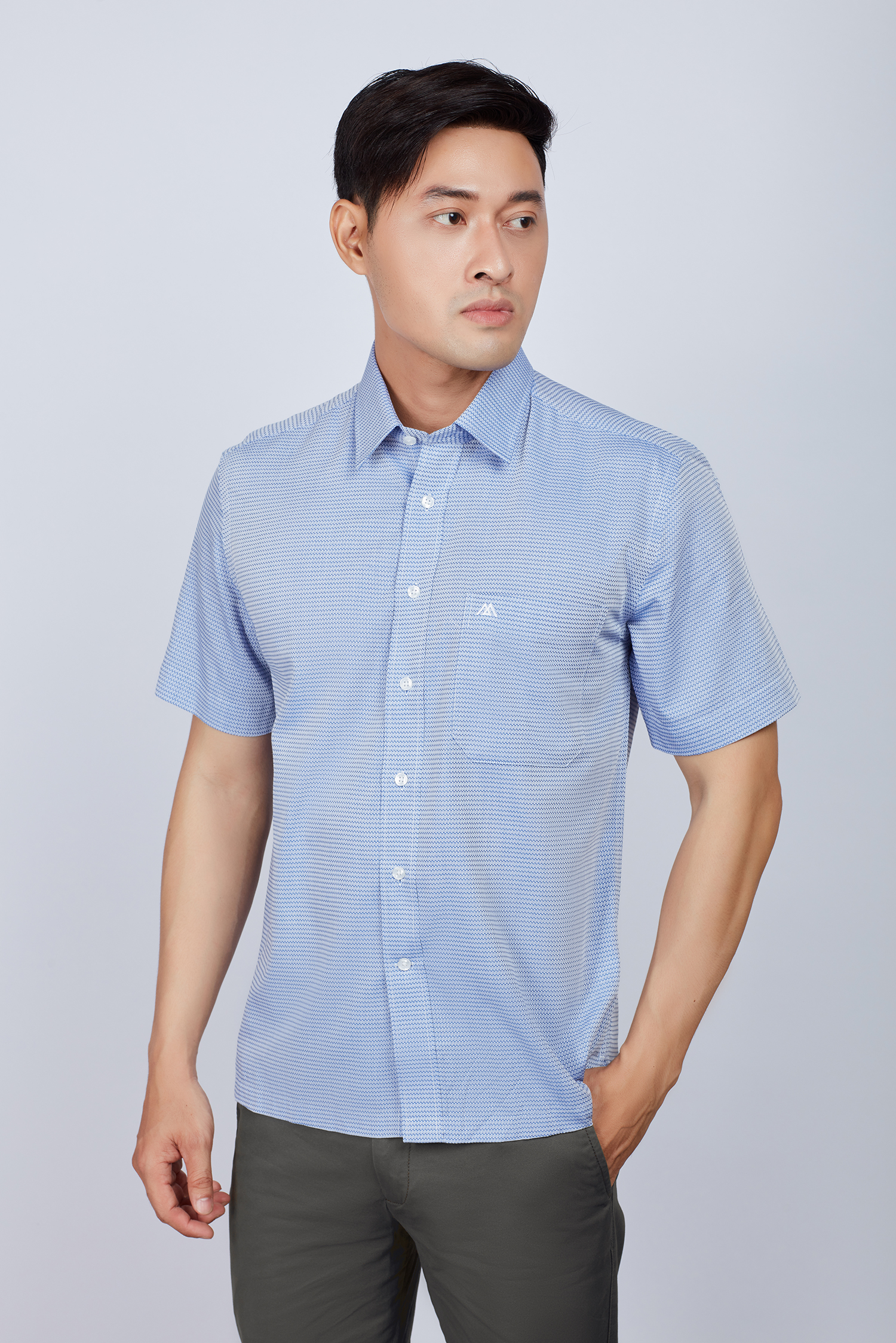 Áo sơ mi nam Casual ngắn tay xanh hoa văn - HẾT HÀNG