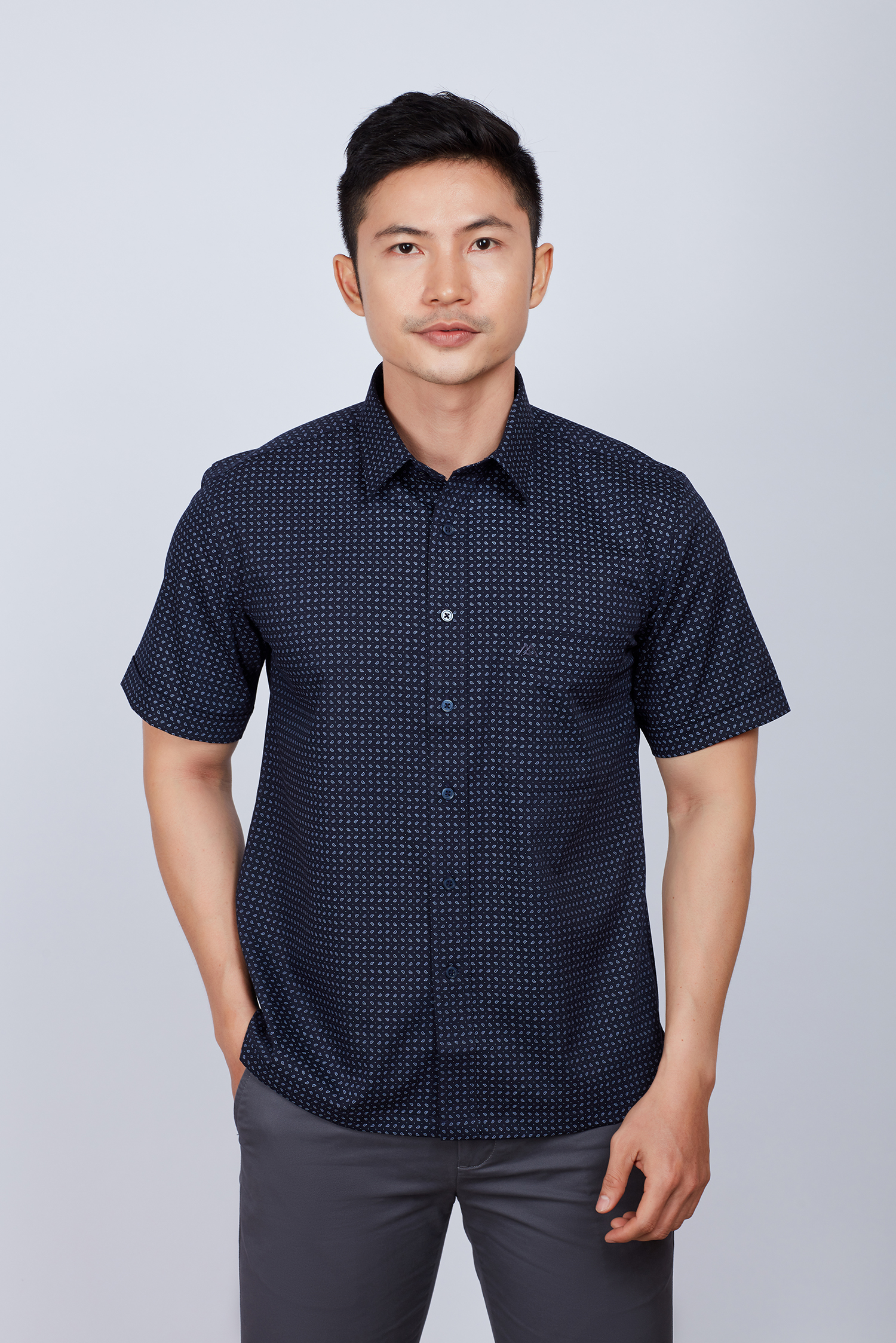 Sơ mi nam Ngắn tay- Casual xanh đen hoa văn - HẾT HÀNG