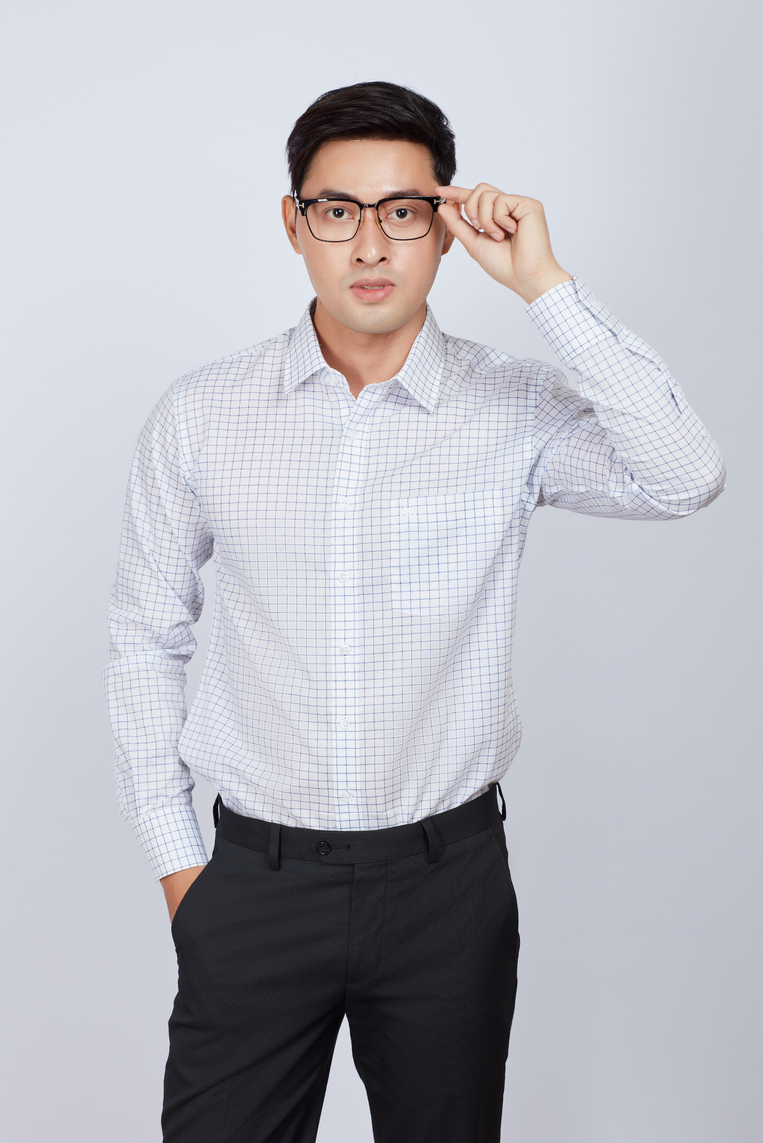 Áo sơ mi nam Slim fit dài tay trắng sọc ca rô - HẾT HÀNG