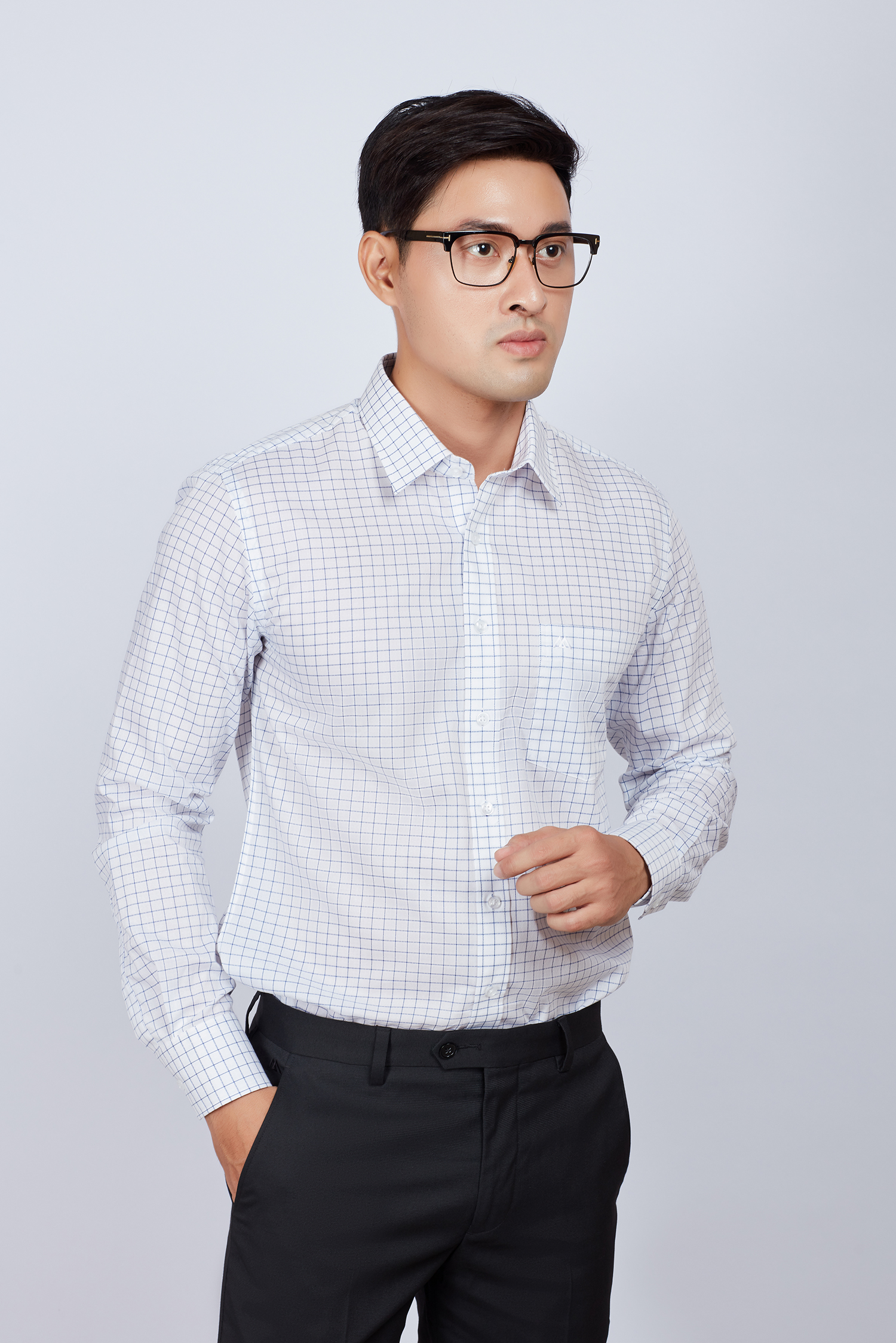 Áo sơ mi nam Slim fit dài tay trắng sọc ca rô - HẾT HÀNG