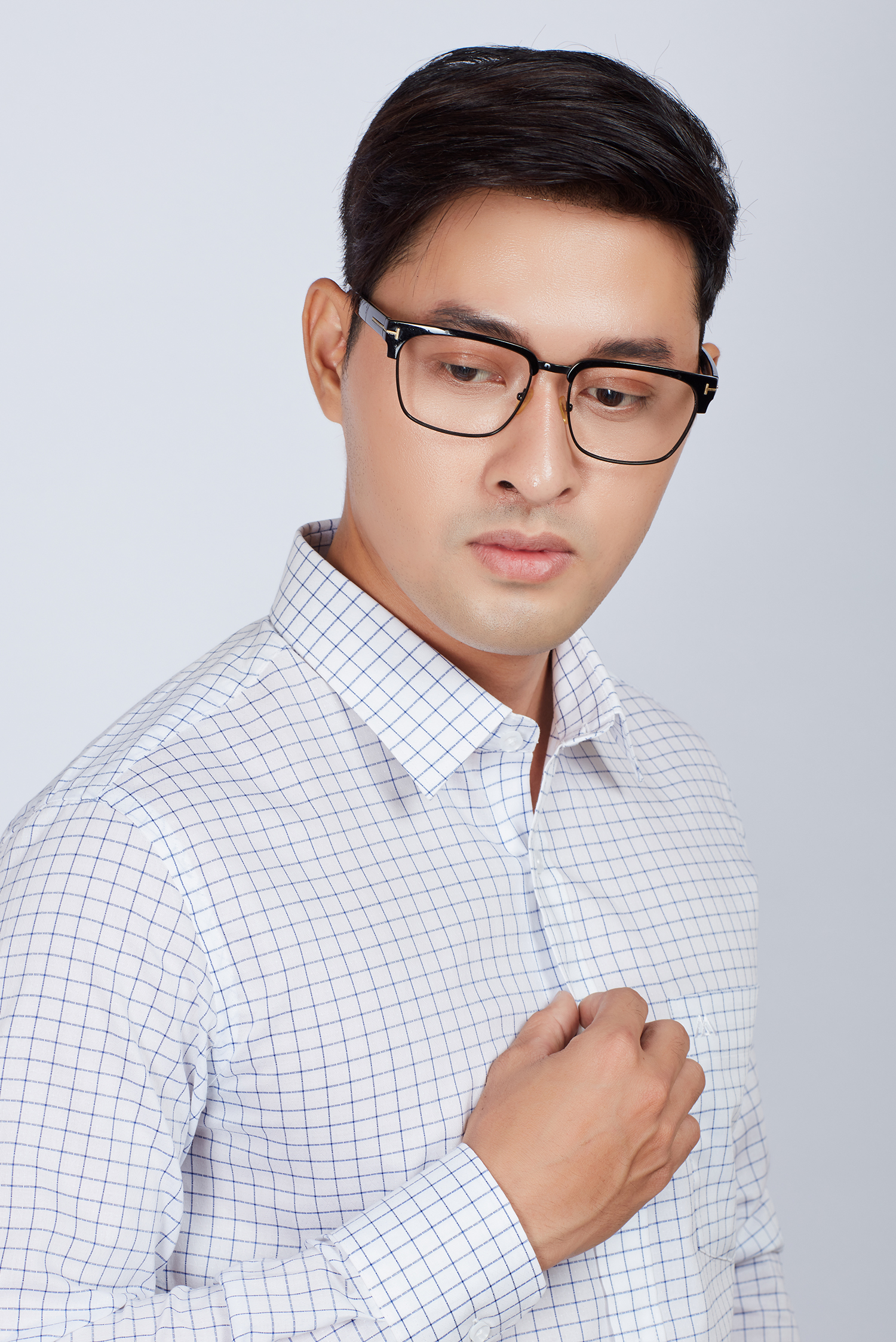 Áo sơ mi nam Slim fit dài tay trắng sọc ca rô - HẾT HÀNG