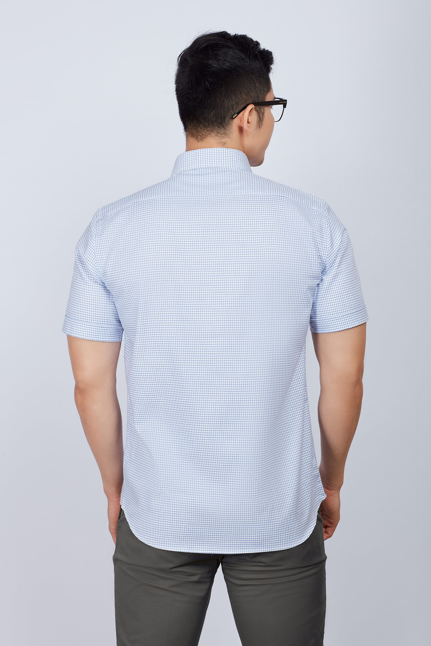 Áo sơ mi nam Casual ngắn tay trắng sọc ca rô xanh-HẾT HÀNG