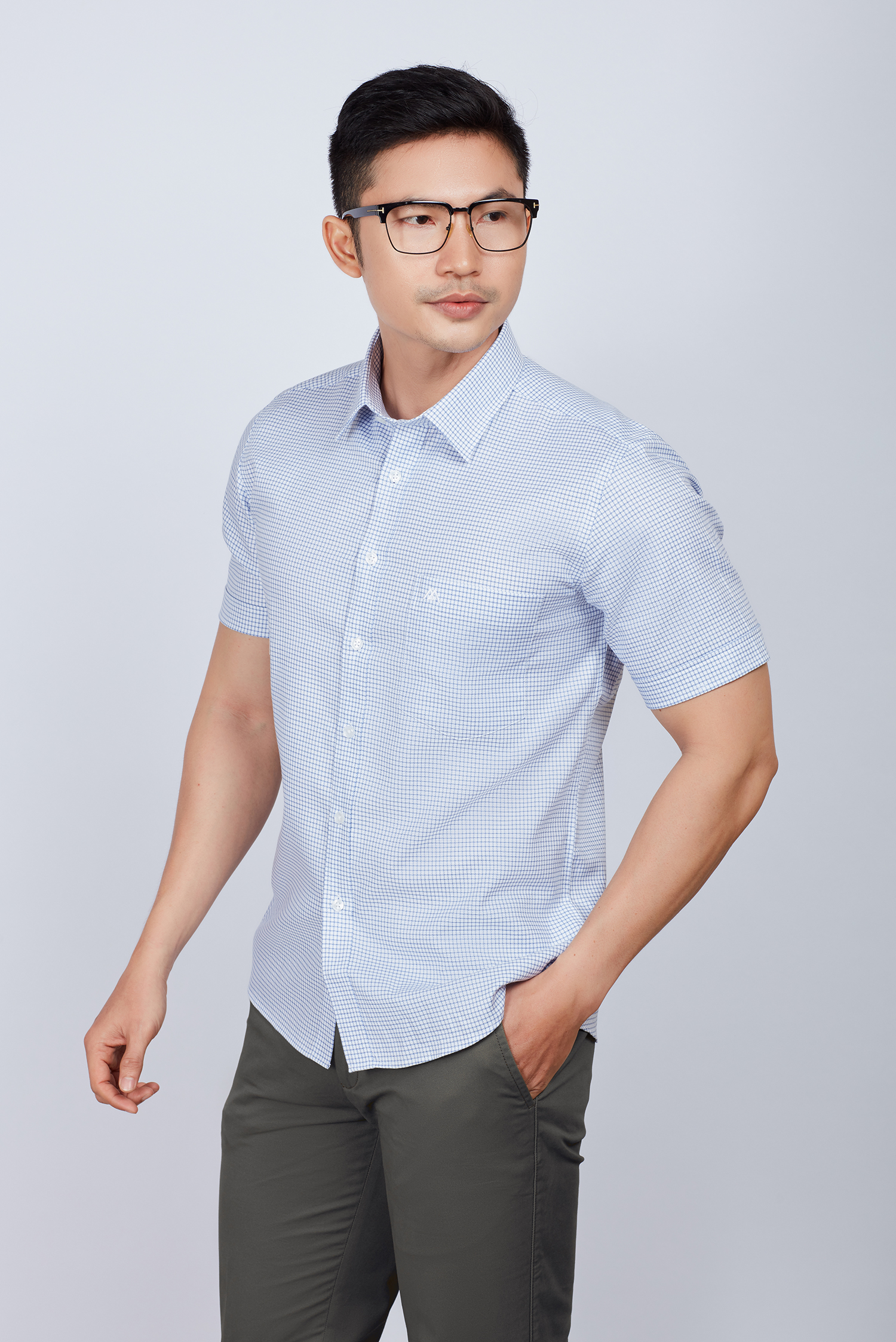 Áo sơ mi nam Casual ngắn tay trắng sọc ca rô xanh-HẾT HÀNG
