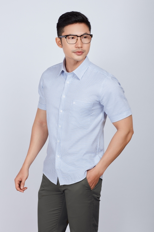 Áo sơ mi nam Casual ngắn tay trắng sọc ca rô xanh-HẾT HÀNG