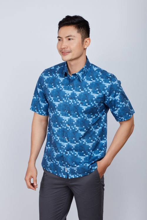 Áo sơ mi nam Casual ngắn tay xanh dương hoa văn - HÊT HÀNG
