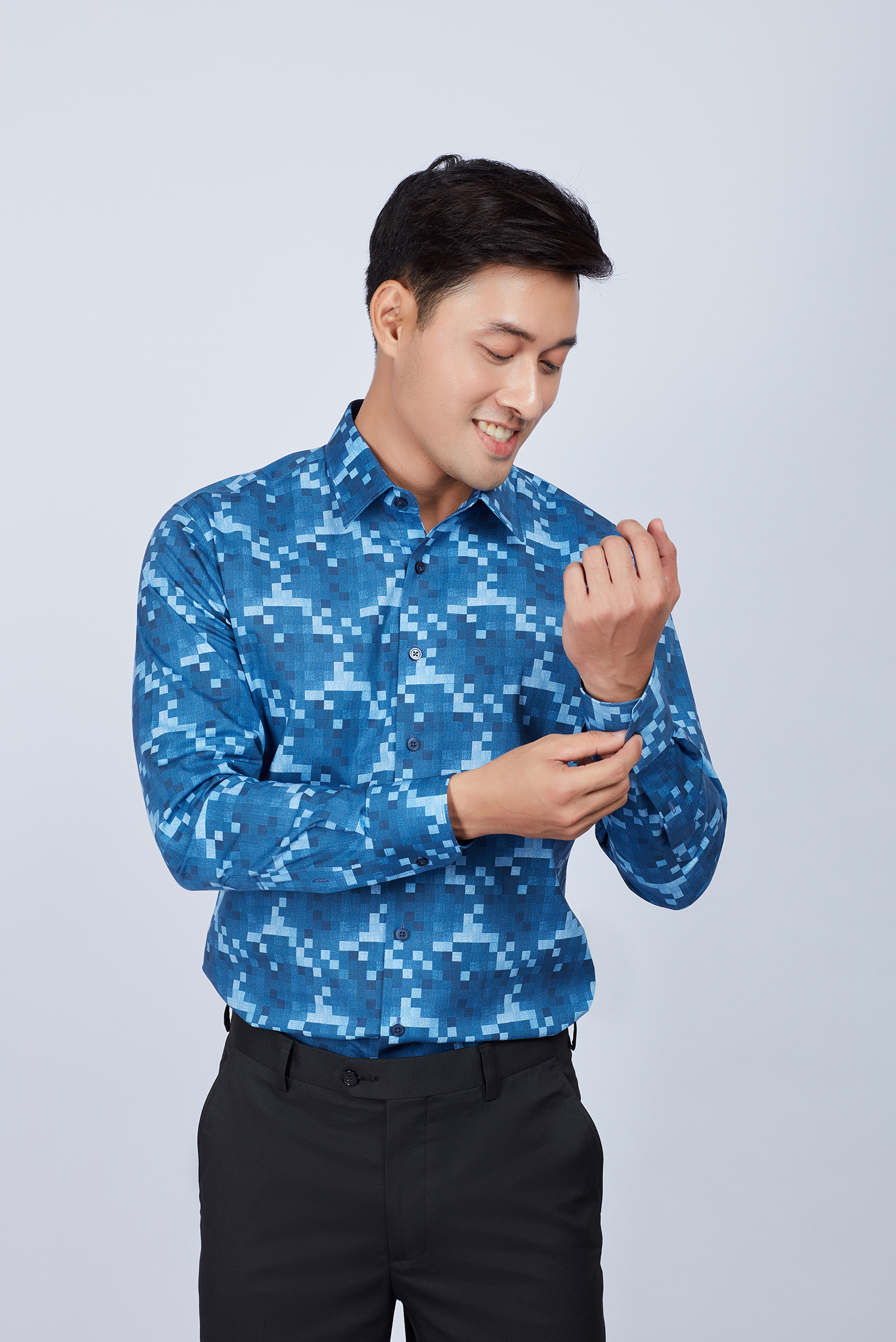 Áo sơ mi nam Slim fit dài tay xanh dương ca rô hoa văn - HẾT HÀNG