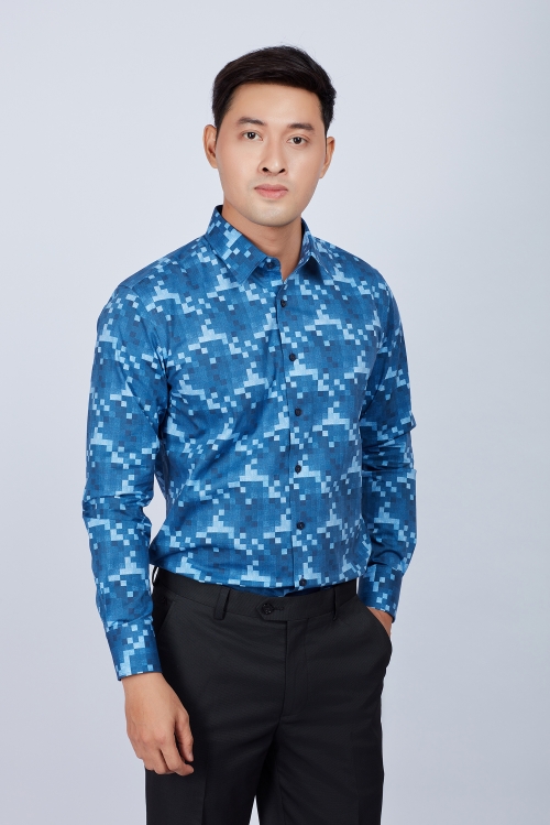 Áo sơ mi nam Slim fit dài tay xanh dương ca rô hoa văn - HẾT HÀNG