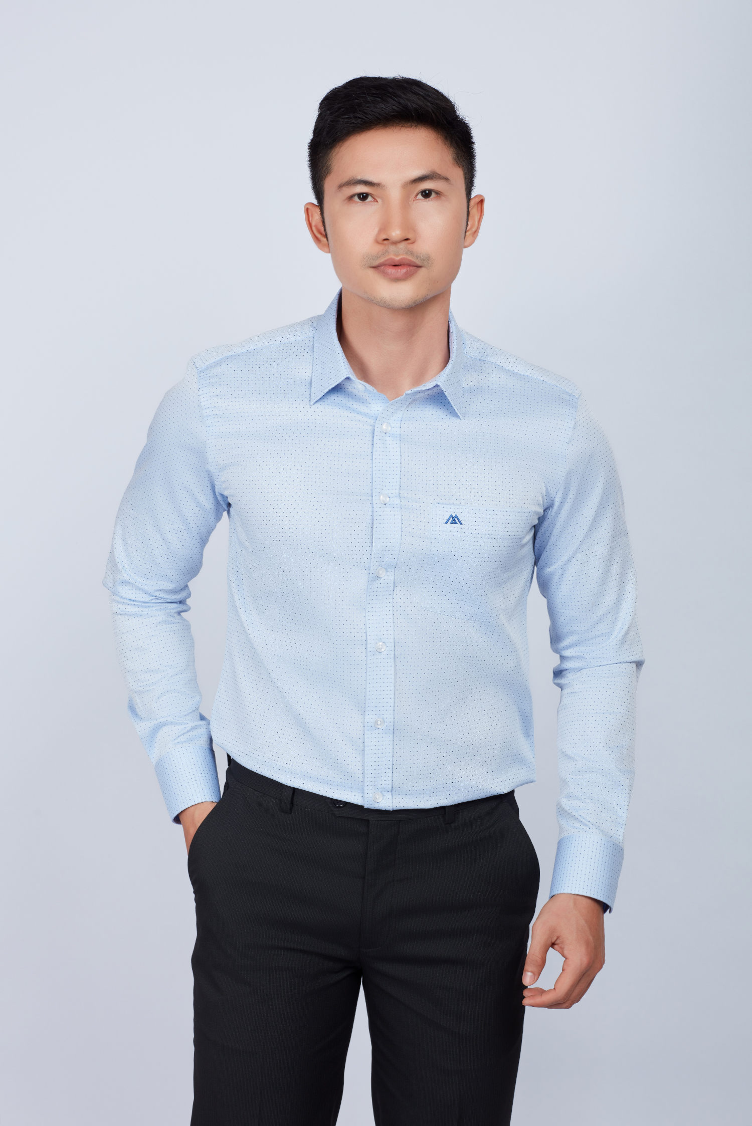 Áo sơ mi nam Slim fit dài tay xanh ngọc chấm bi - HẾT HÀNG