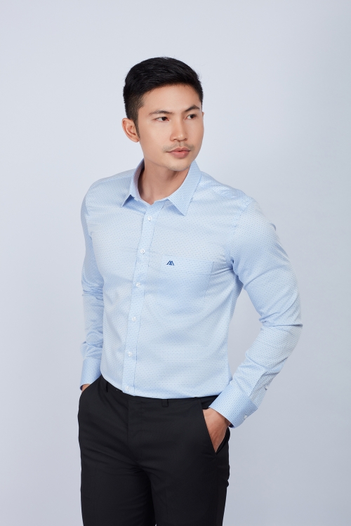 Áo sơ mi nam Slim fit dài tay xanh ngọc chấm bi - HẾT HÀNG