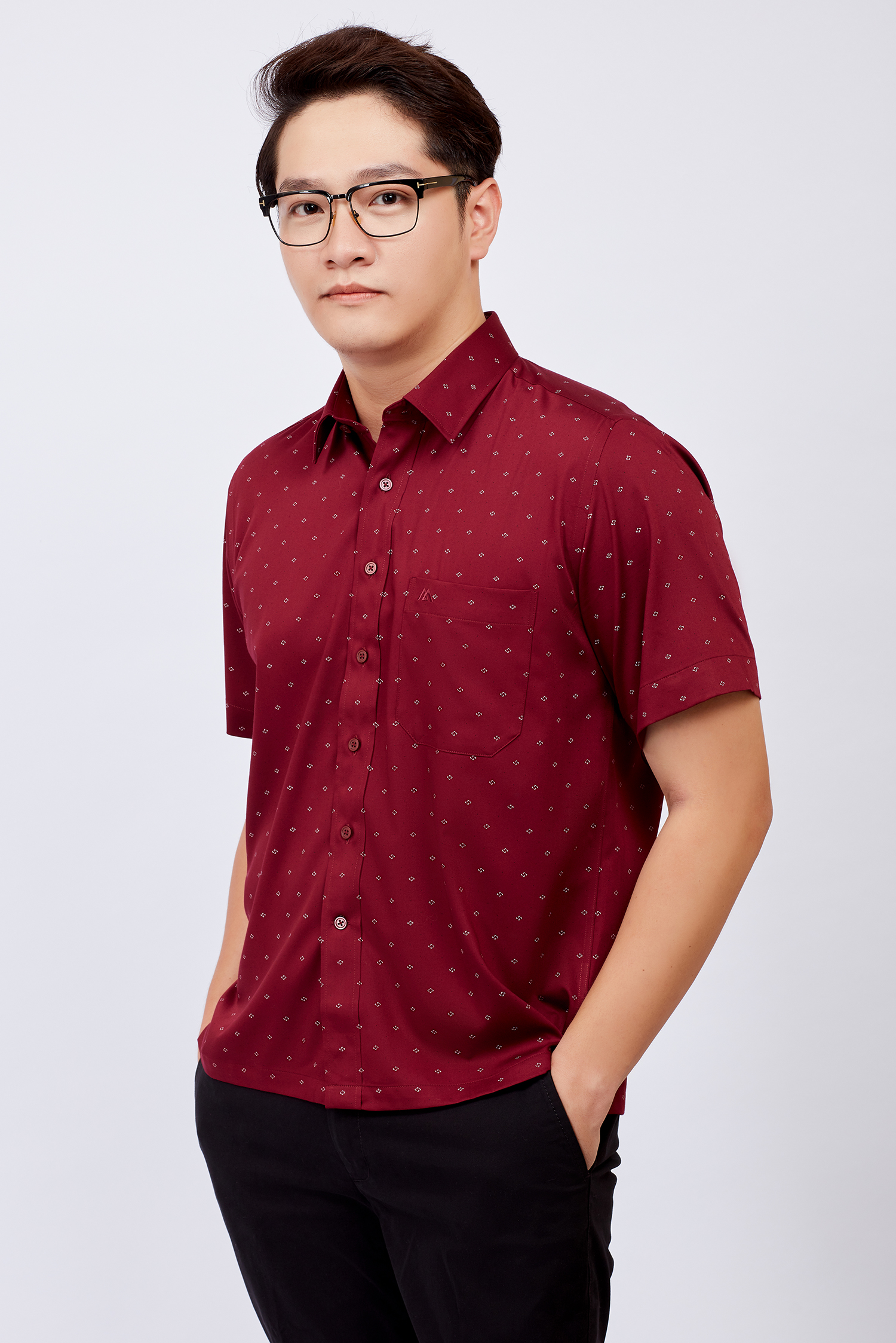 Sơ mi nam ngắn tay Casual đỏ rượu họa tiết hoa văn - HÊT HÀNG